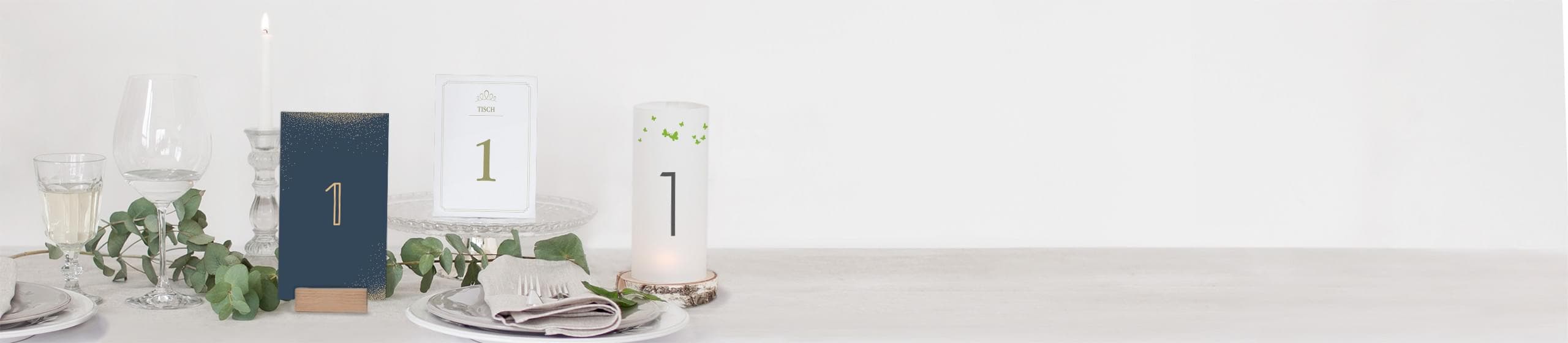 Tischnummern für die Hochzeit in verschiedenen Formaten und Designs
