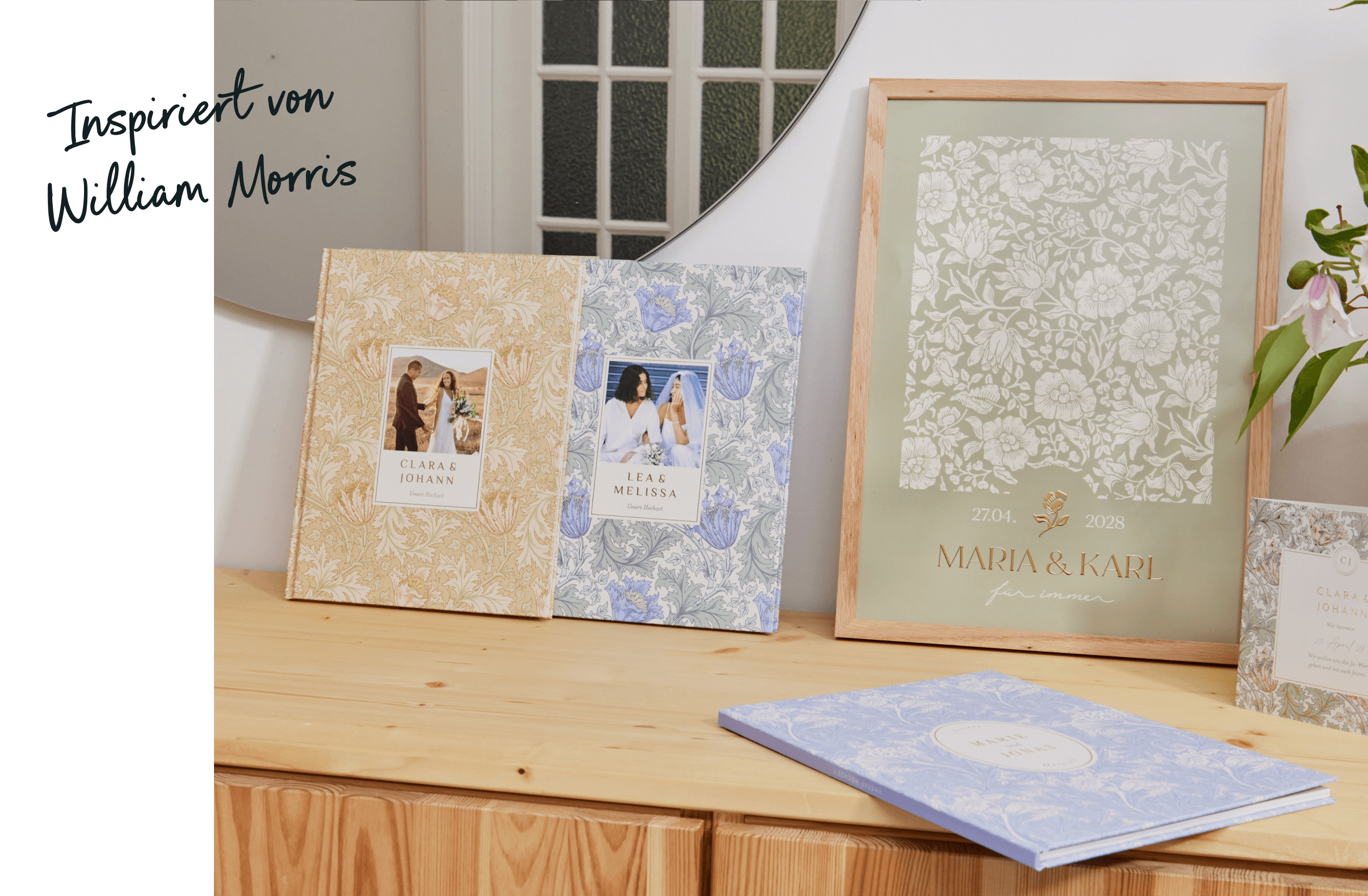 Hochzeitsfotobuch, Poster und Hochzeitskarten inspiriert von William Morris