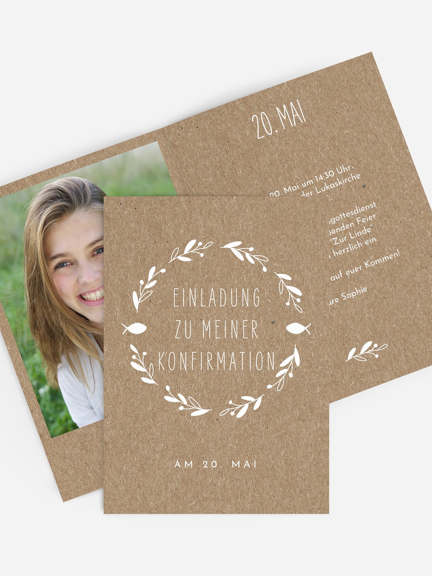 Konfirmationseinladung Floral Wreath Kraftpapier