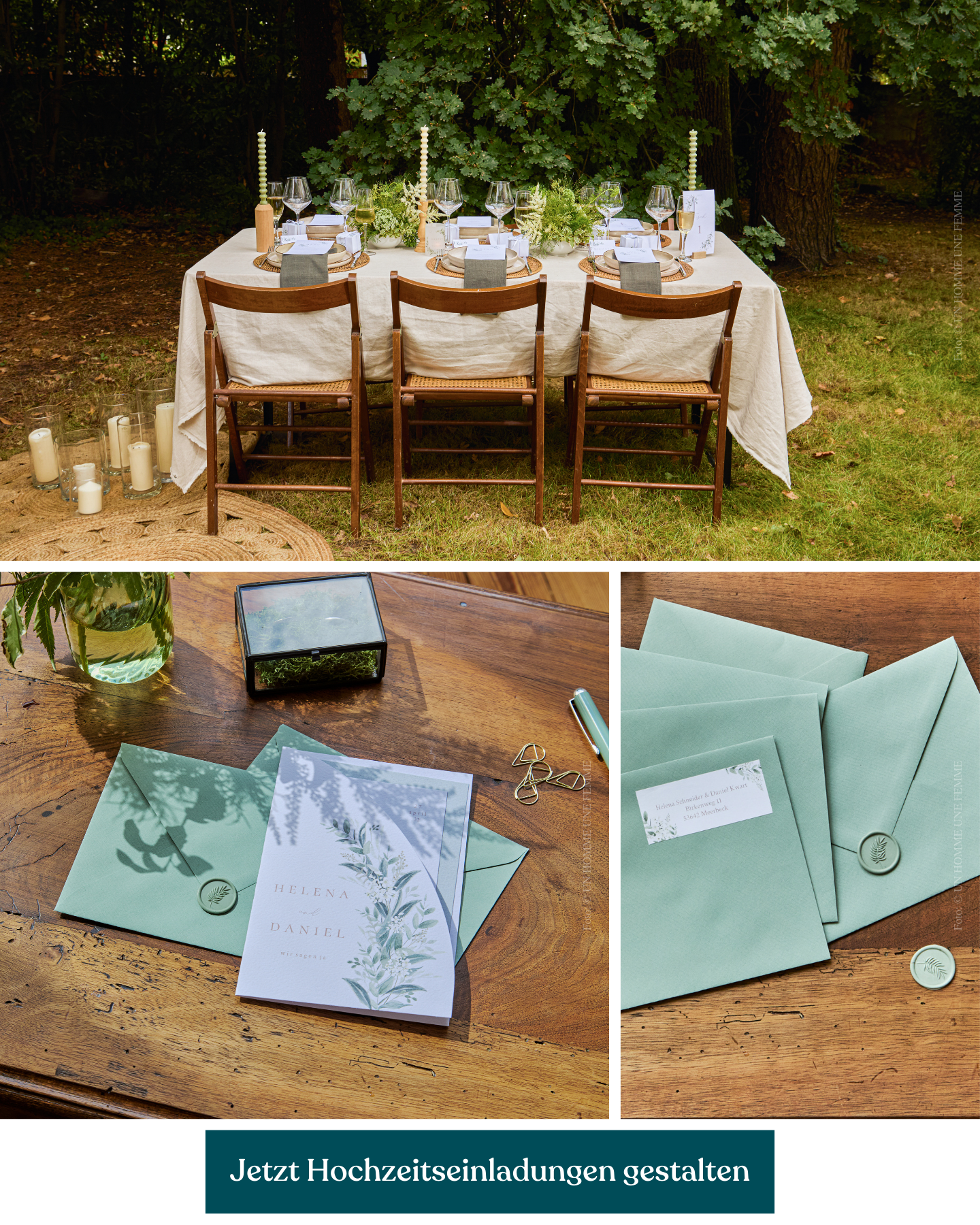 Collage von Hochzeitseinladungen im Greenery-Stil mit Bild von gedeckter Tafel im Freien