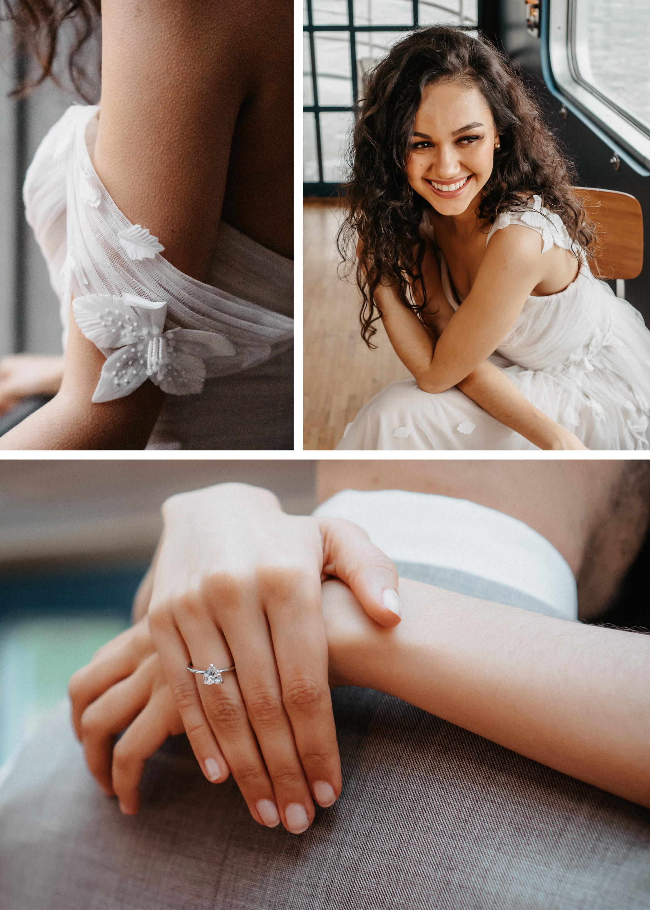 Braut im romantischen Boho-Tüll-Brautkleid macht sich für die Hochzeit fertig.