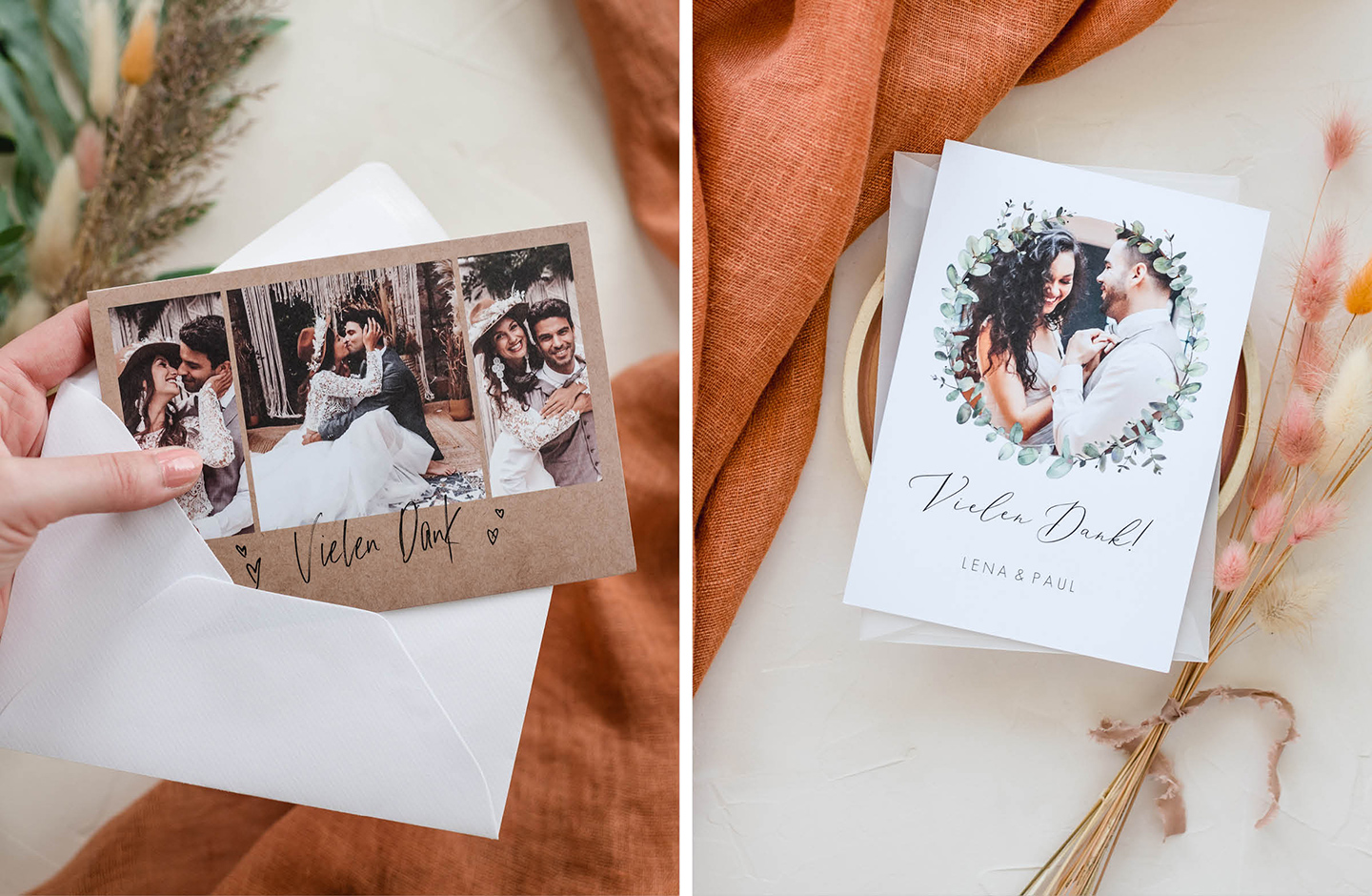 Dankeskarten zur Hochzeit im modernen Design mit Bild des Brautpaares.