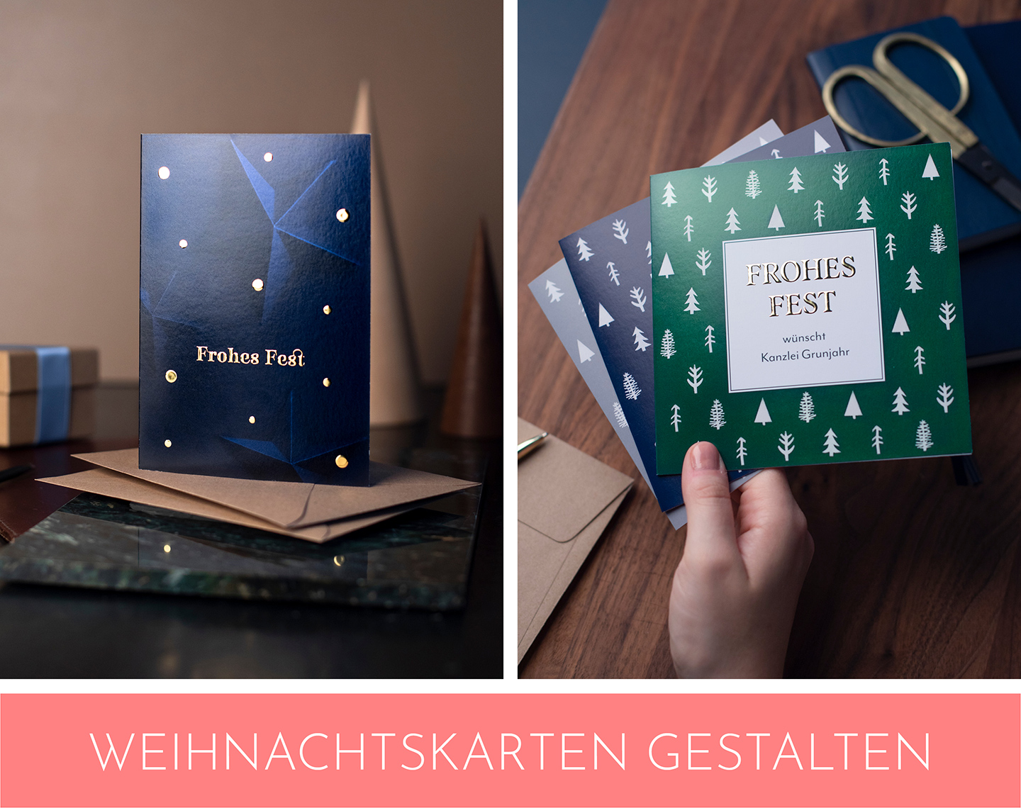 Geschäftliche Weihnachtskarten in Dunkelblau und Grün mit hochwertiger Folienveredelung.
