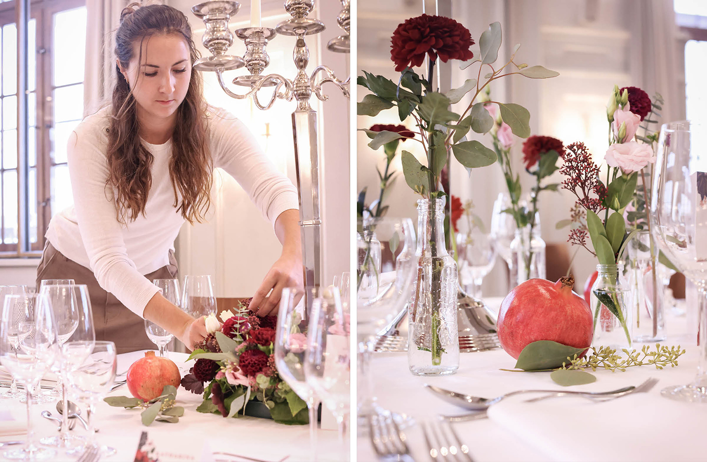 Die Dekorateurin deckt den Hochzeitstisch ein und arrangiert ein Blumengesteck in der Mitte des Tisches.