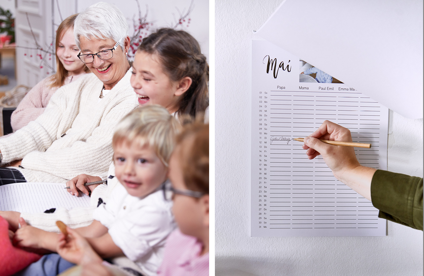 Familien Terminplaner: Familie sitzt mit Familienkalender auf dem Sofa und plant die nächsten Termine.