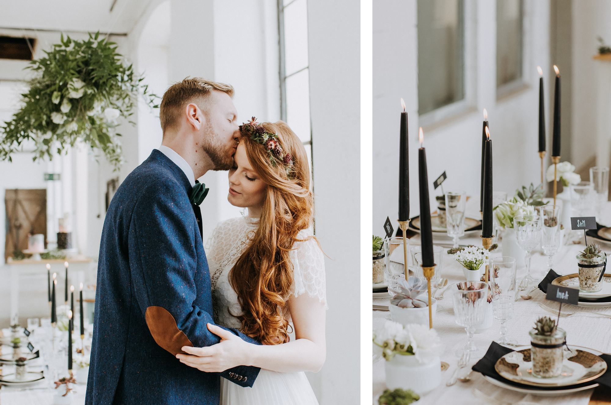 Verliebtes Brautpaar in bei puristischer Hochzeit vor nachhaltiger Hochzeitstafel
