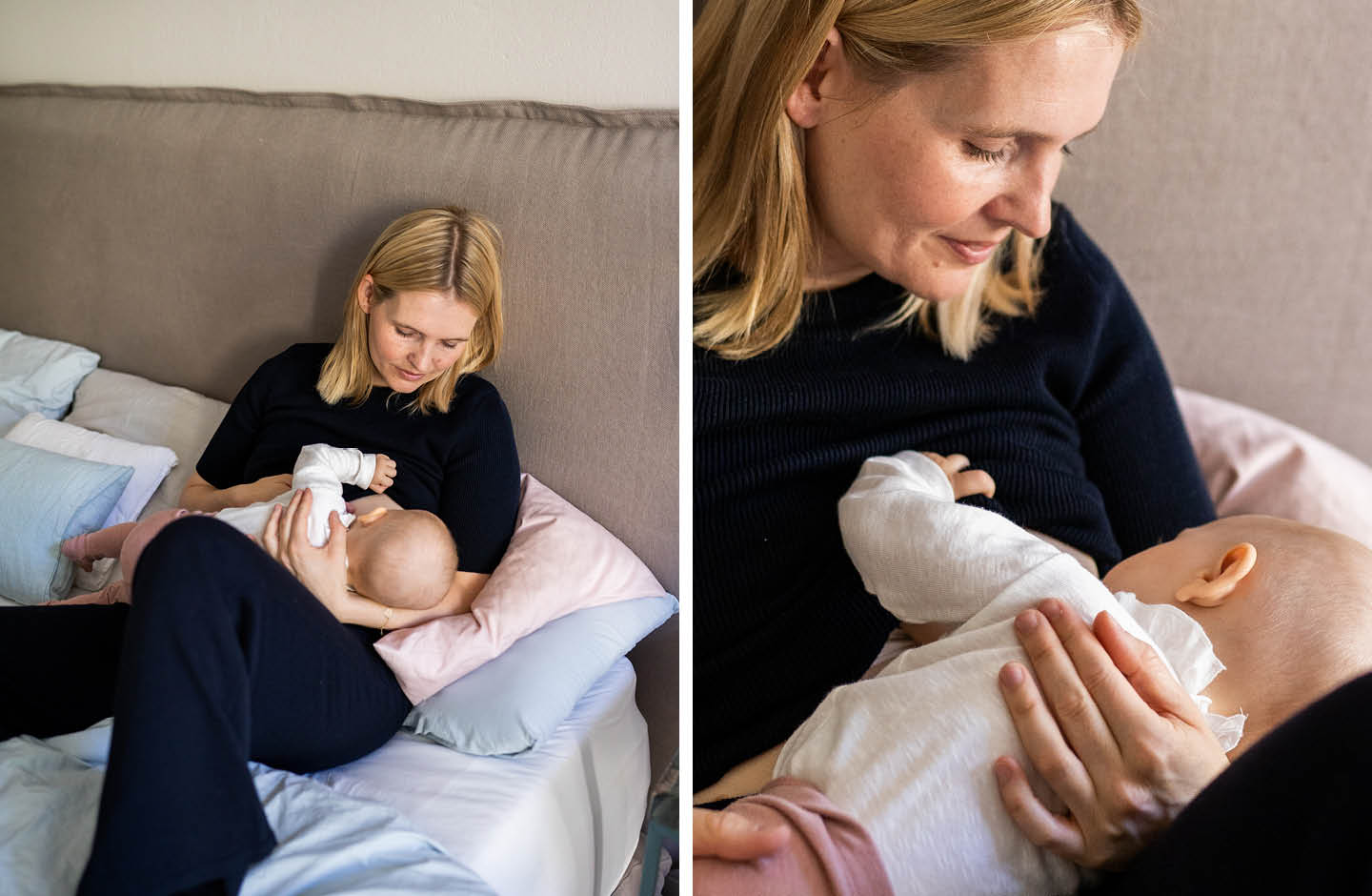 Collage: Hebamme Sissi Rasche beim Stillen ihres Babys