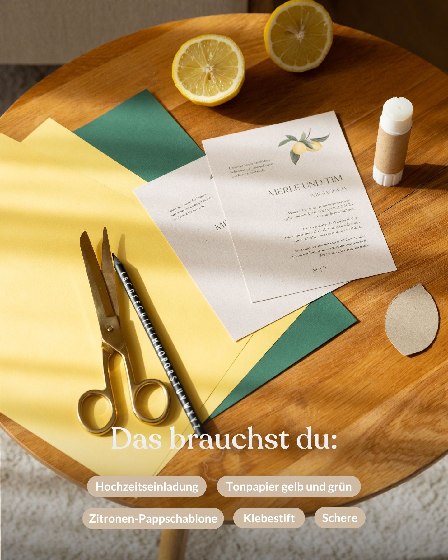 Material für DIY-Hochzeitseinladungen mit Lemon-Pop-up