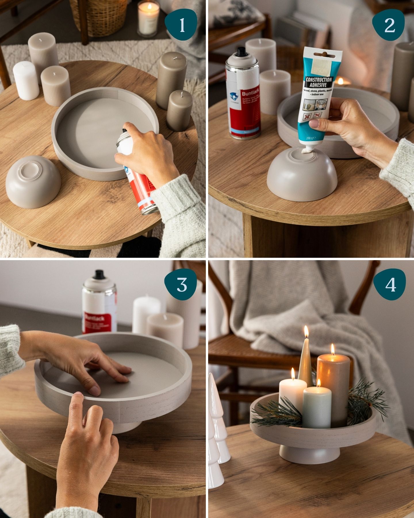 DIY-Adventskalender auf Dekotablett. Dekoriert mit Kerzen und Tannengrün. Schritt-für-Schritt-Anleitung.