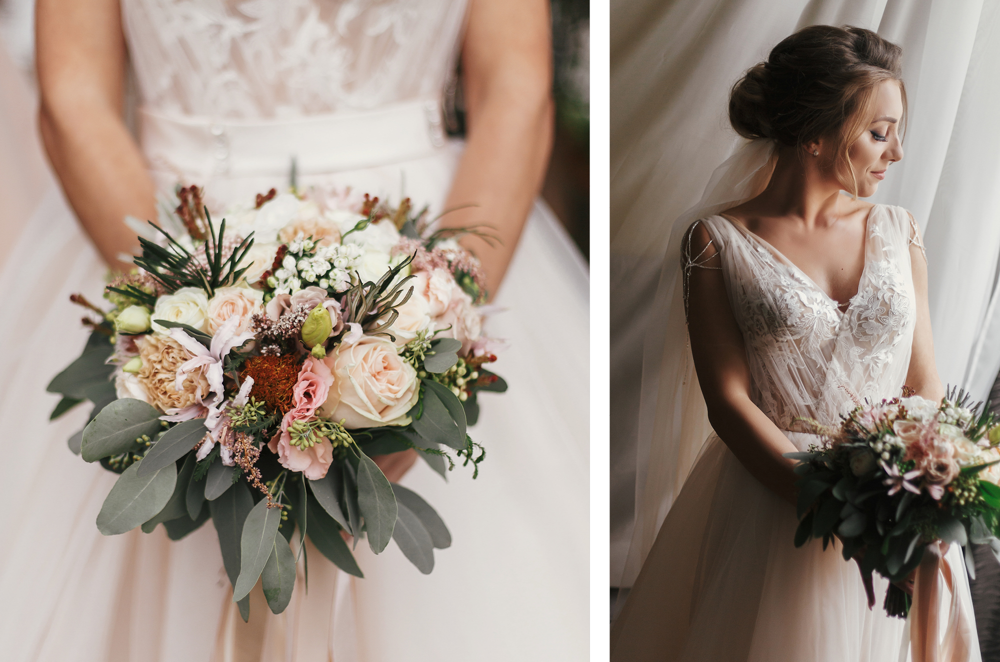 Braut mit zartem Braustrauß aus Pfingstrosen, Olivenblättern und Wildblumen
