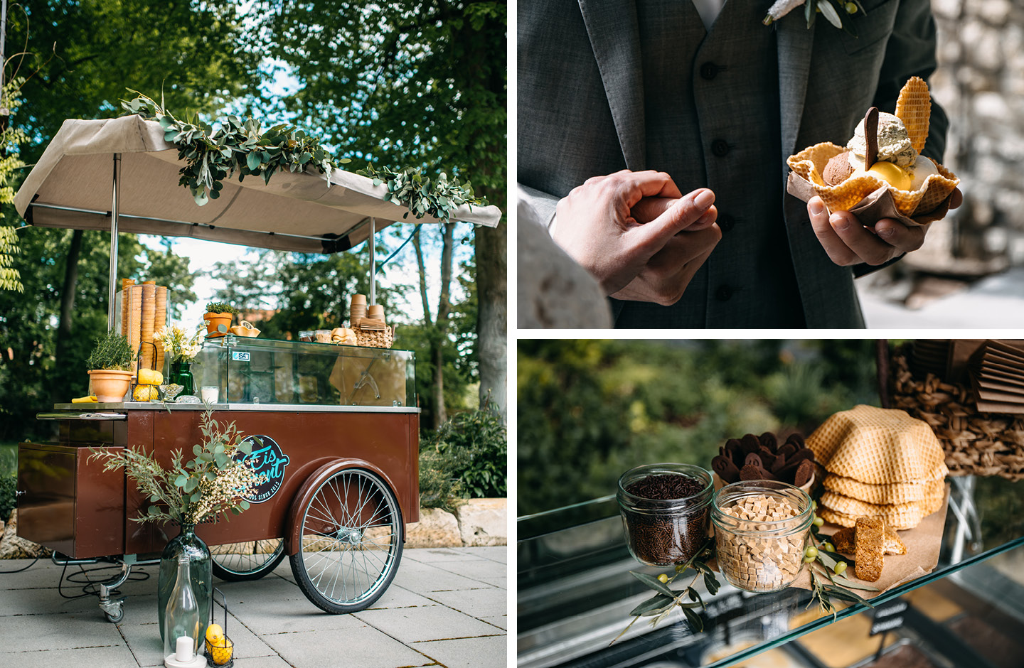 Ein dekorierter Eiswagen steht auf einer Hochzeit.