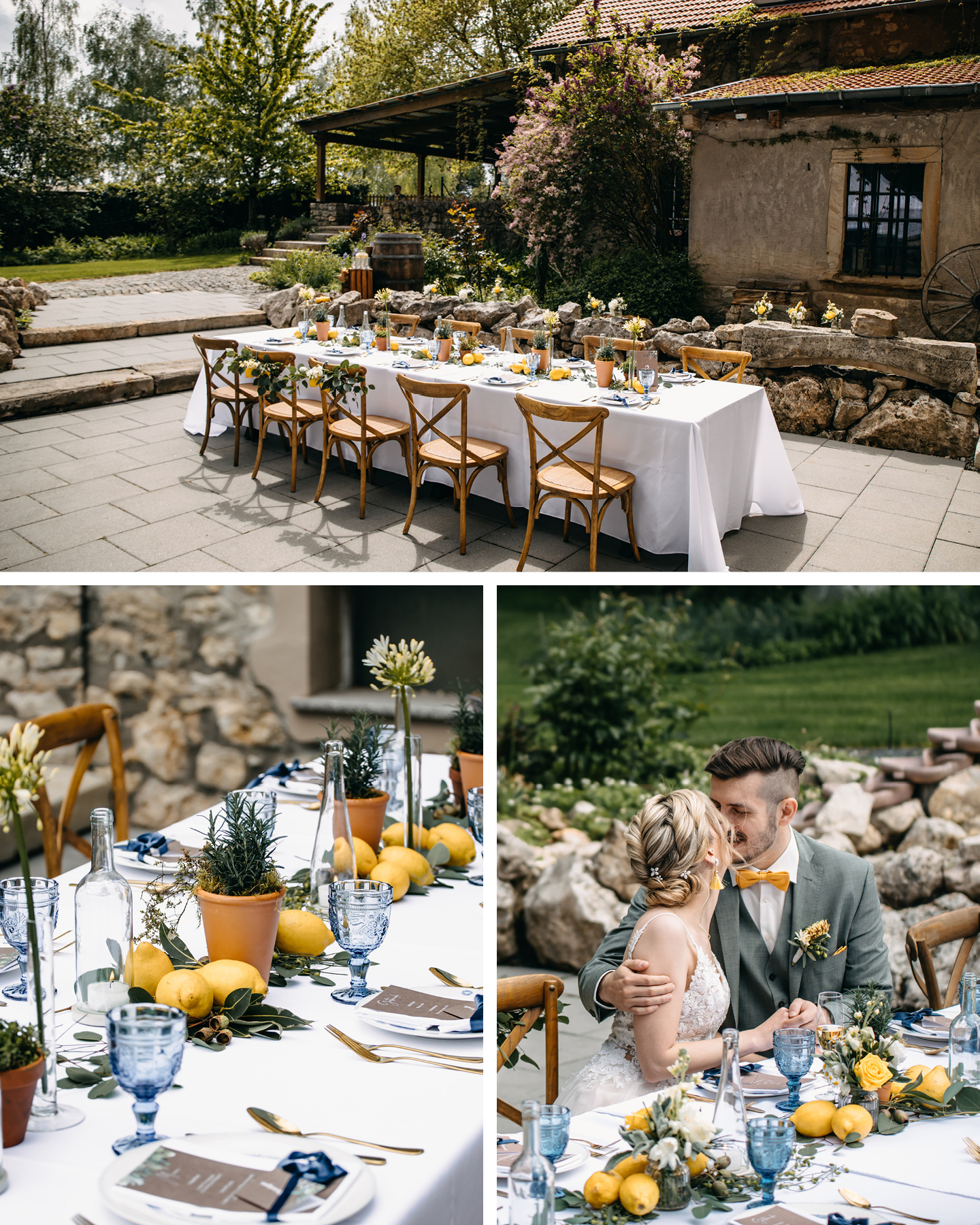Hochzeitstafel am Weingut ist in Weiß und Blau dekoriert. Zitronen und grüne Blätter sorgen für Italien-Feeling.