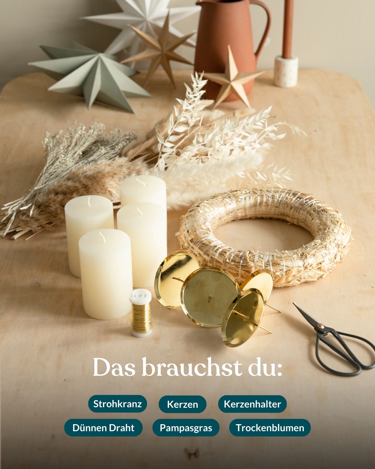 DIY-Adventskrans aus Pampasgras. Alle Materialien im Überblick.