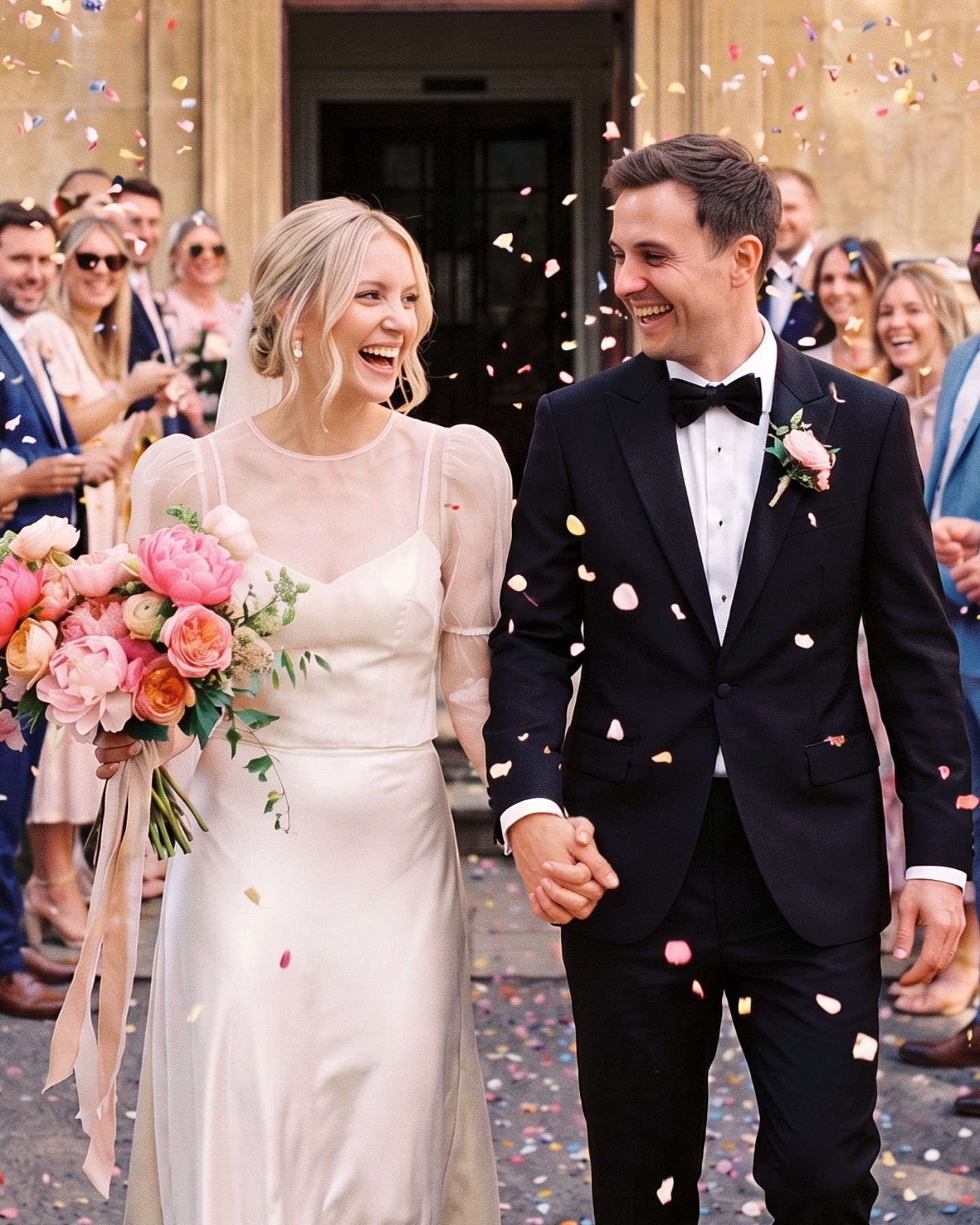 Lachendes Hochzeitspaar beim Verlassen des Trauortes im Konfettiregen nach der Trauung