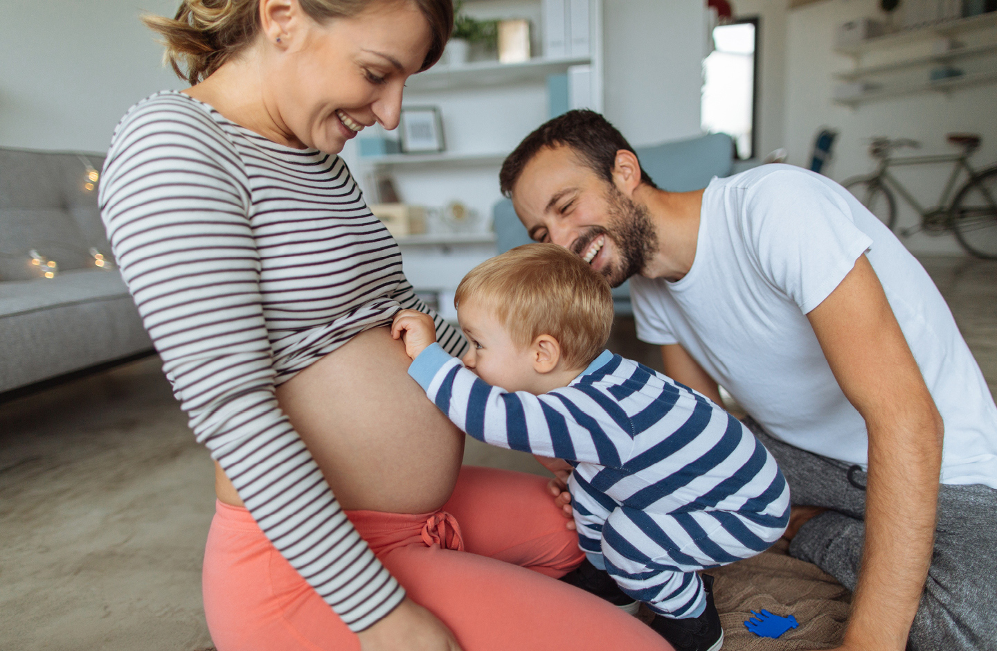 2 Jähriger guckt neugierig Mamas schwangeren Bauch an und Papa lacht.