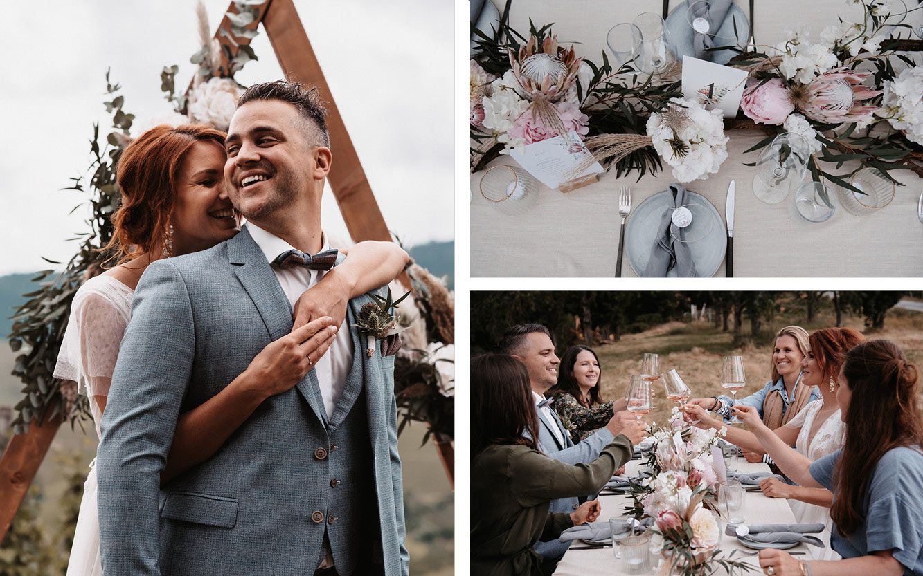 Kleine Hochzeit auf dem Weinberg  in Hügeln, Hochzeitsgesellschaft und Brautpaar 