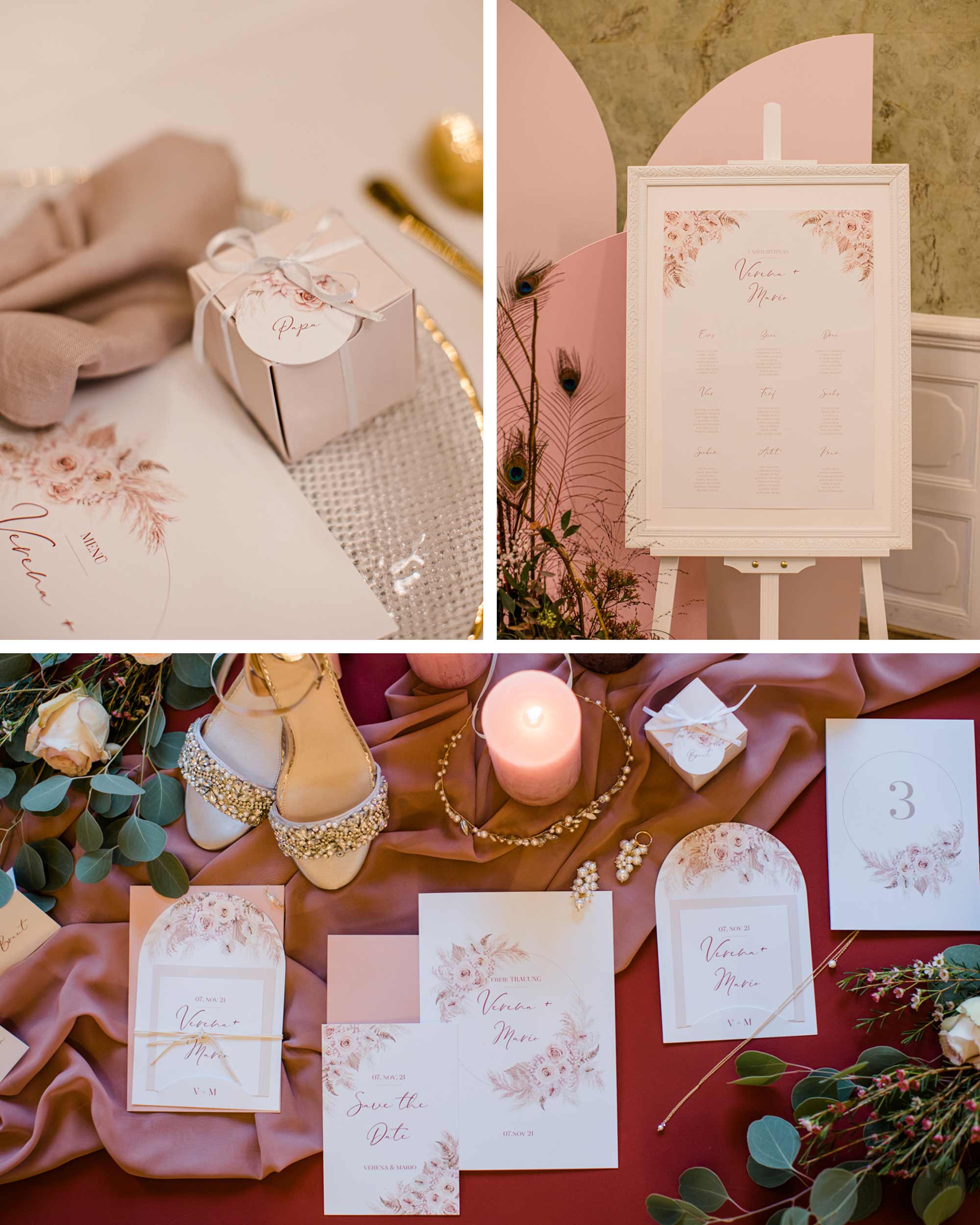 Hochzeitspapeterie in Rosa-Tönen begleitet die Gäste durch den Hochzeitstag der Romantic Wedding.