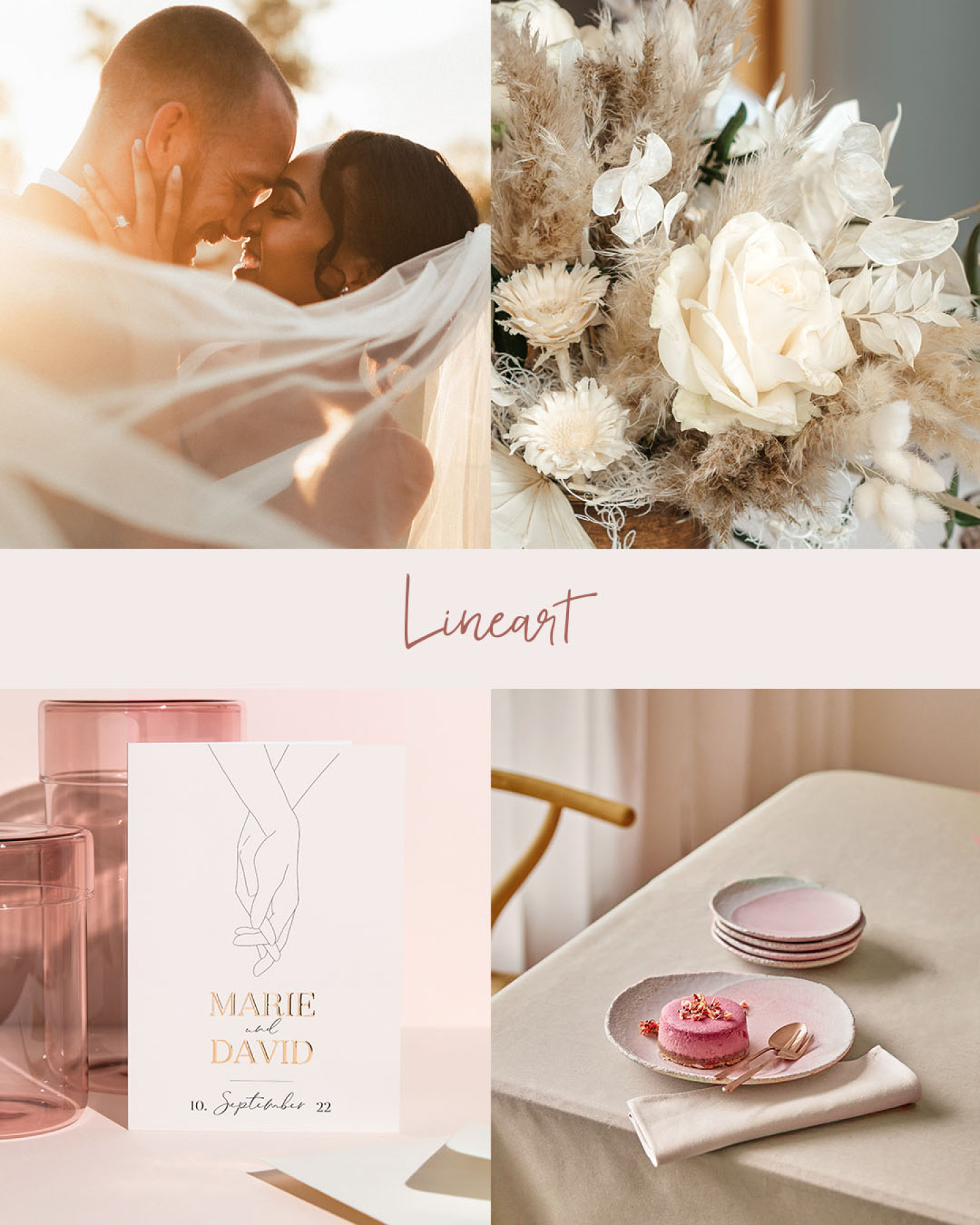 Collage aus vier Bildern zeigt den Hochzeitstrend Lineart mit weißen Blüten Bouquets und heller Leinen-Dekoration.