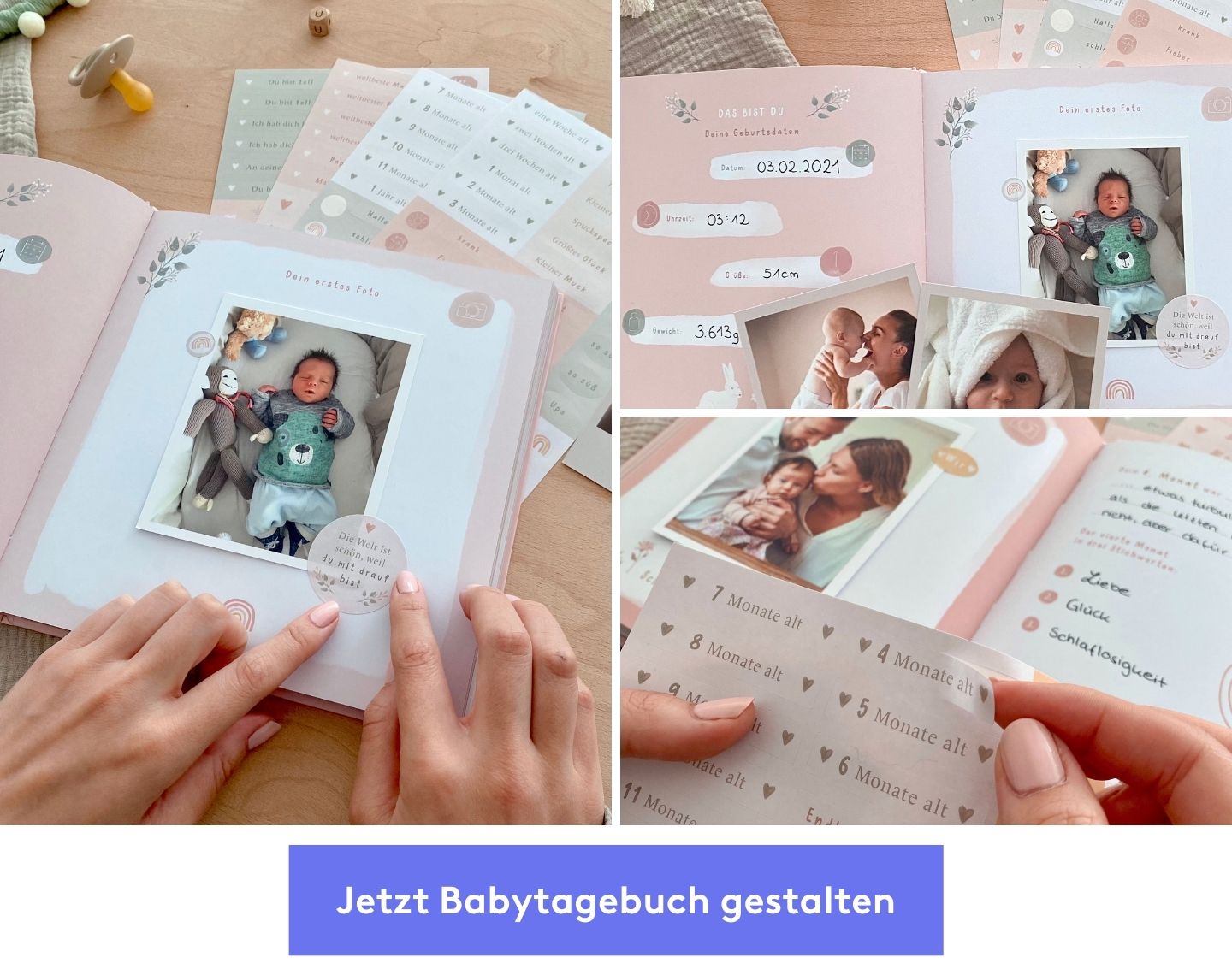 Collage mit Fotos eines liebevoll gesteteten Babytagebuchs