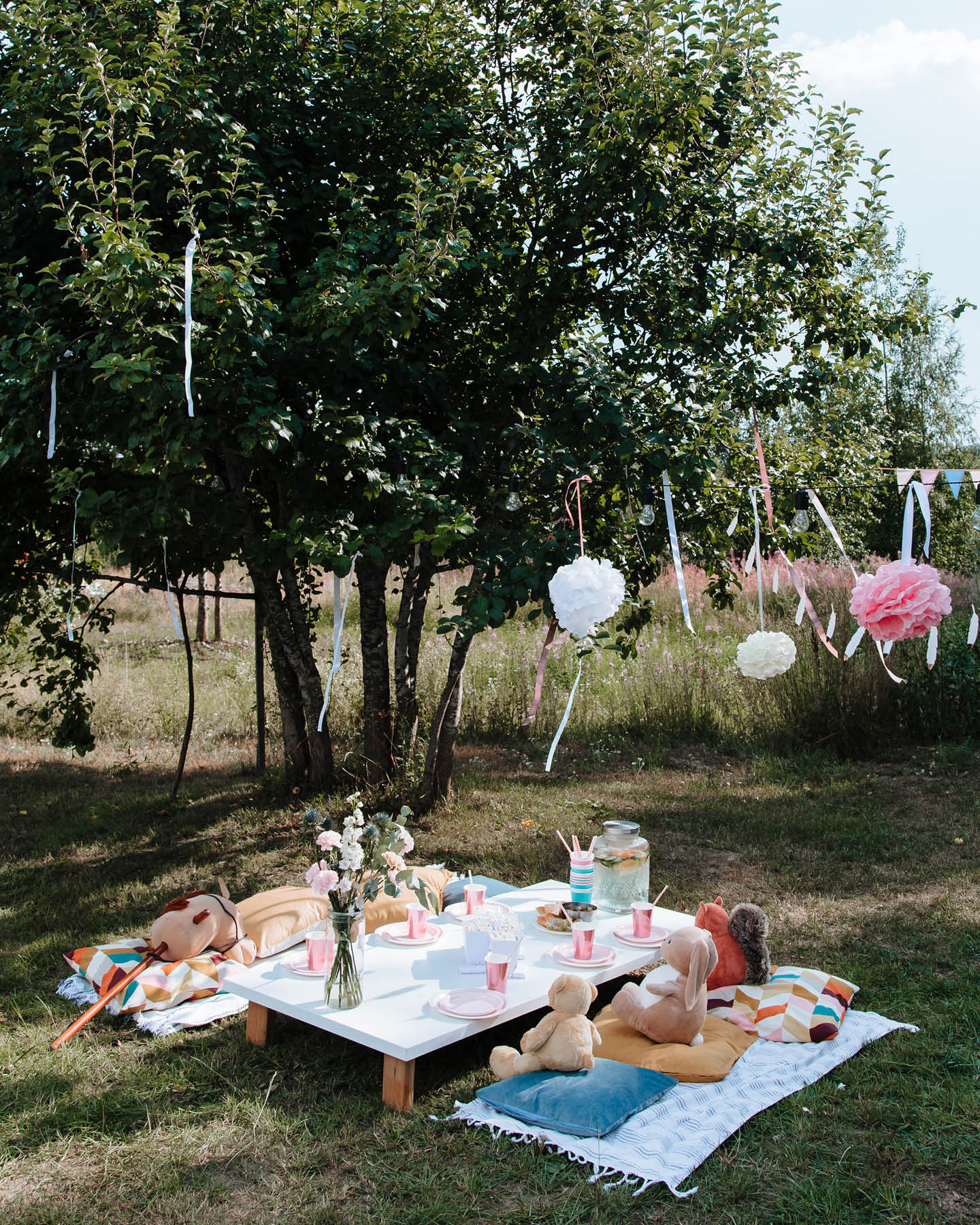 Kindergeburtstag im Garten Tisch und Sitzen