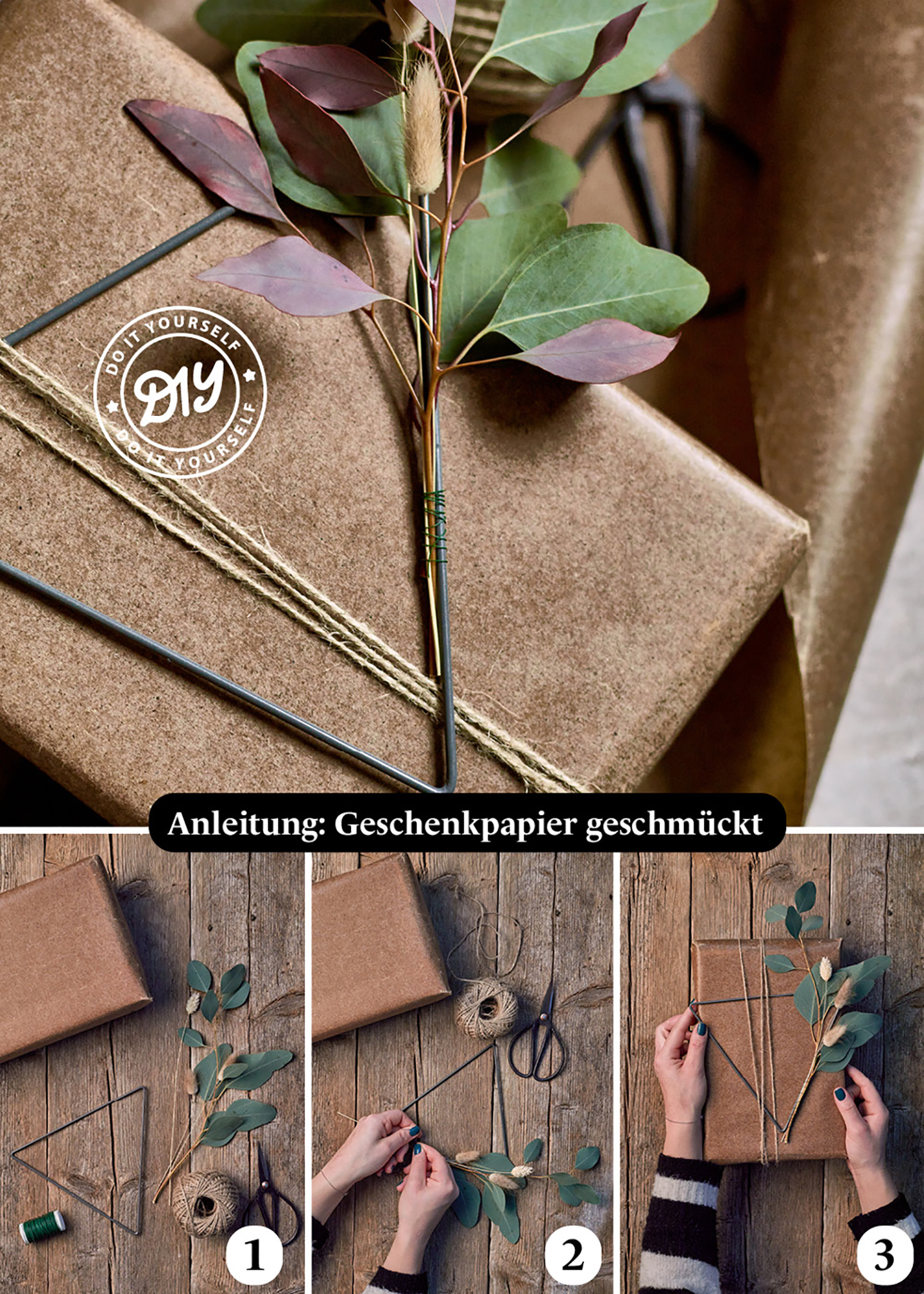 DIY Anleitung für Geschenkverpackungen, die man selber basteln kann. Das Geschnk wird einfach geschmückt mit Deko-Elementen