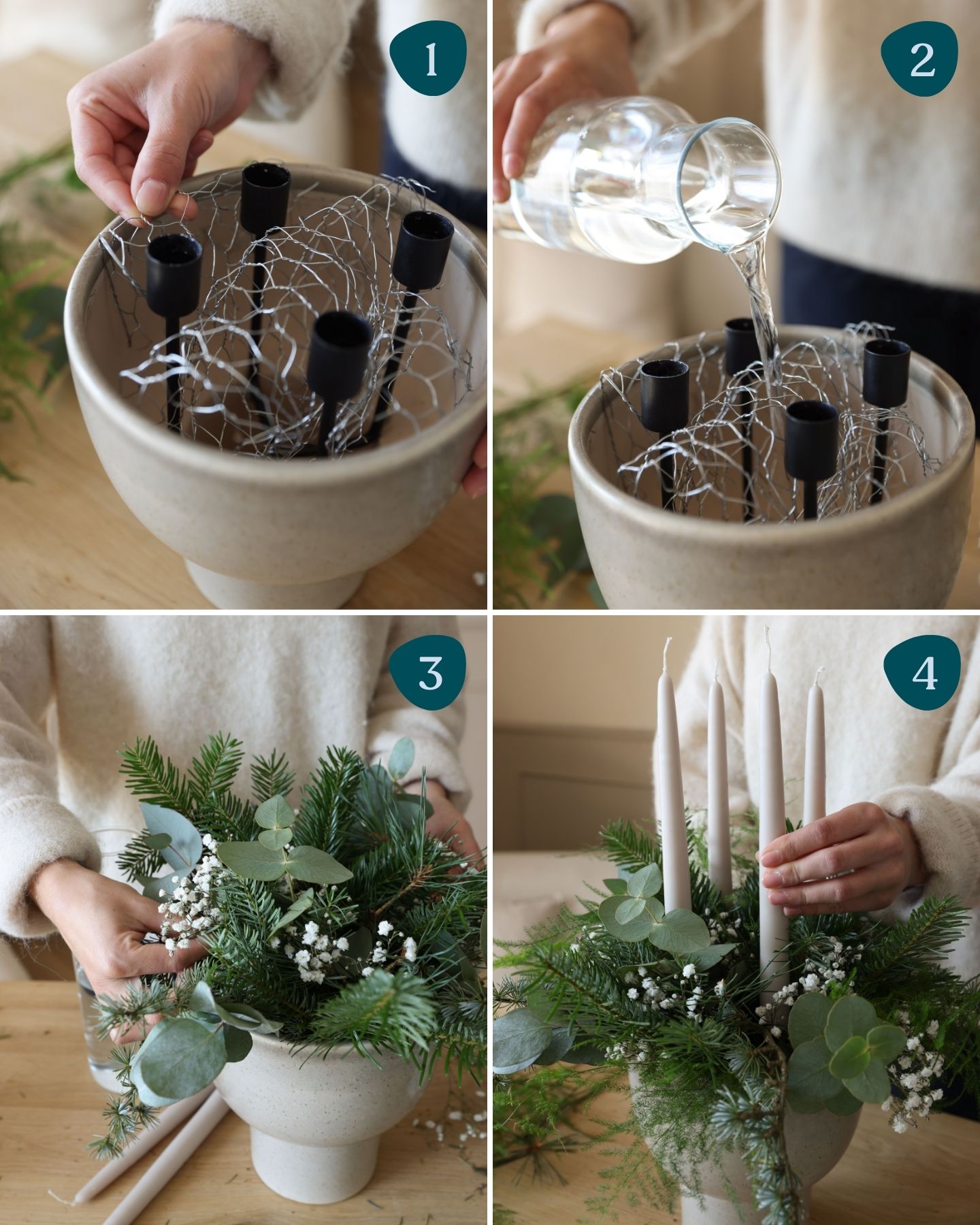 DIY-Adventskranz aus Tannengrün und Steckschaum verziert mit beige farbigen Kerzen und grünen Samtschleifen. Schritt-für-Schritt-Anleitung Teil 1.