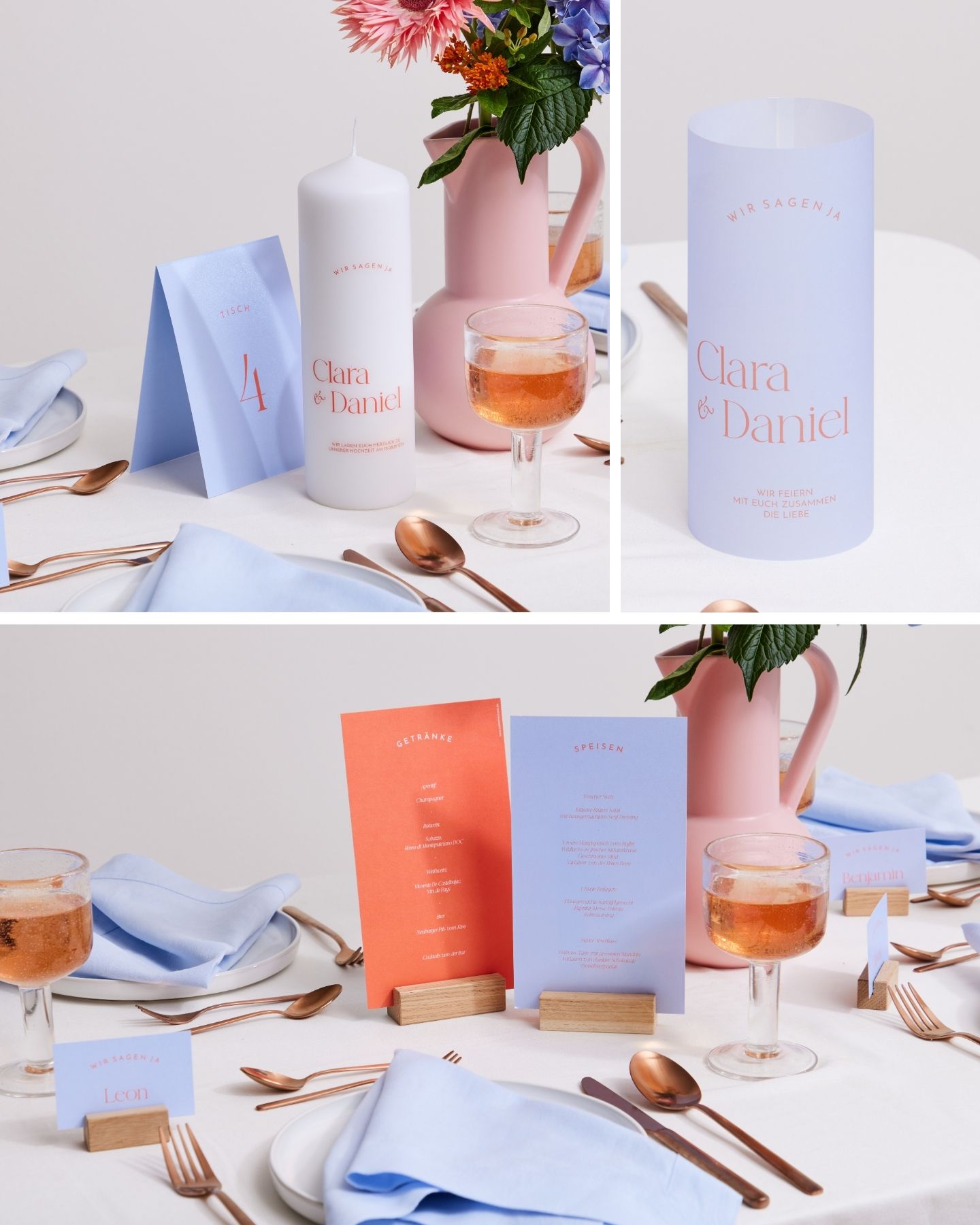 Collage von Hochzeitspapeterie in Hellblau und Orange