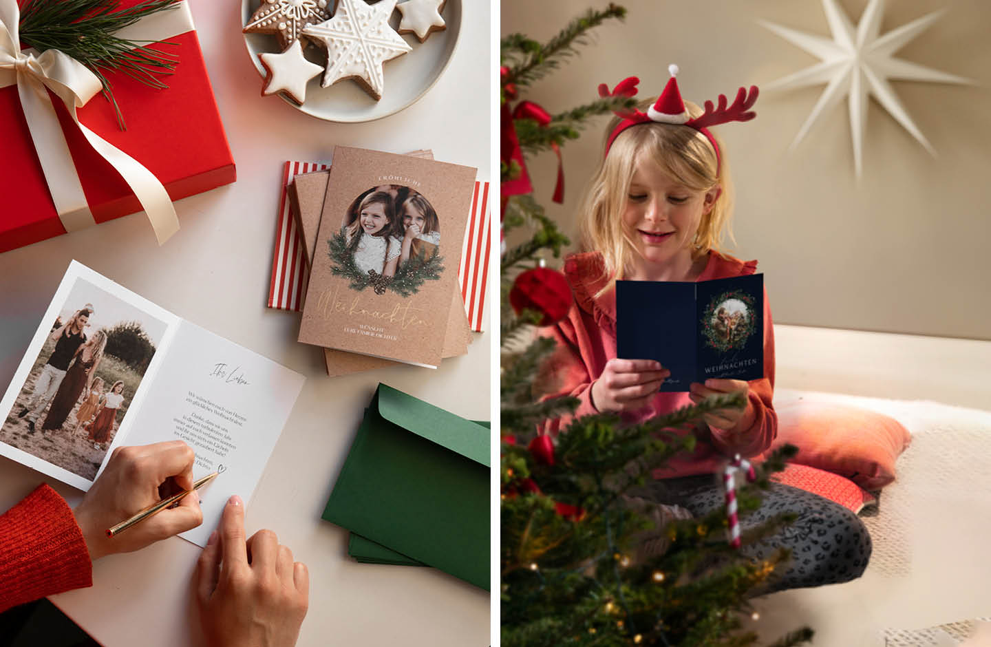 Weihnachtskarten werden mit Stift beschrieben. Mädchen in roten Pullover liest Weihnachtskarte.