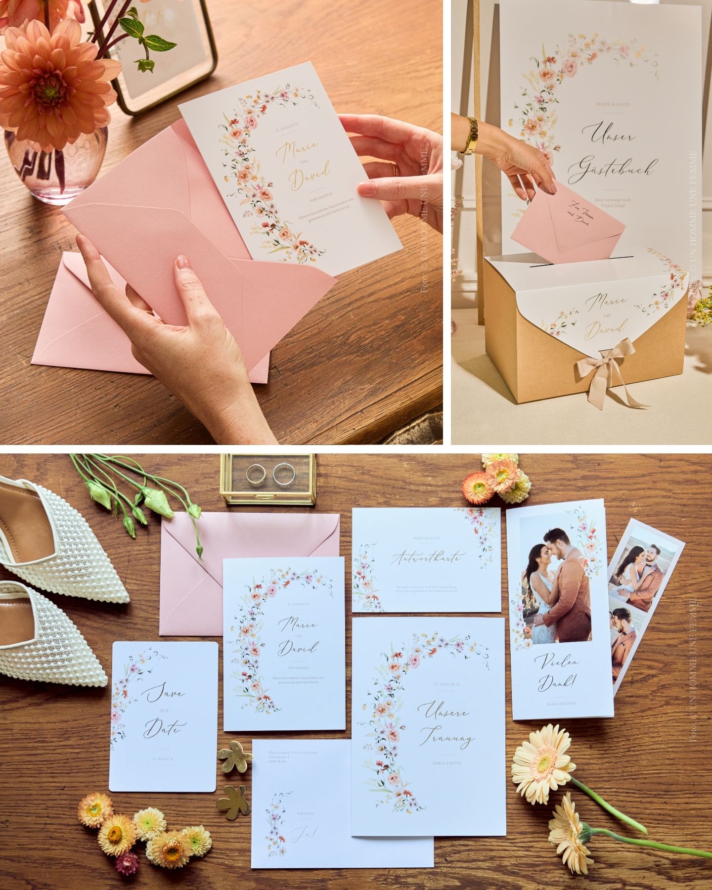 Hochzeitspapeterie im Blumendesign, Collage