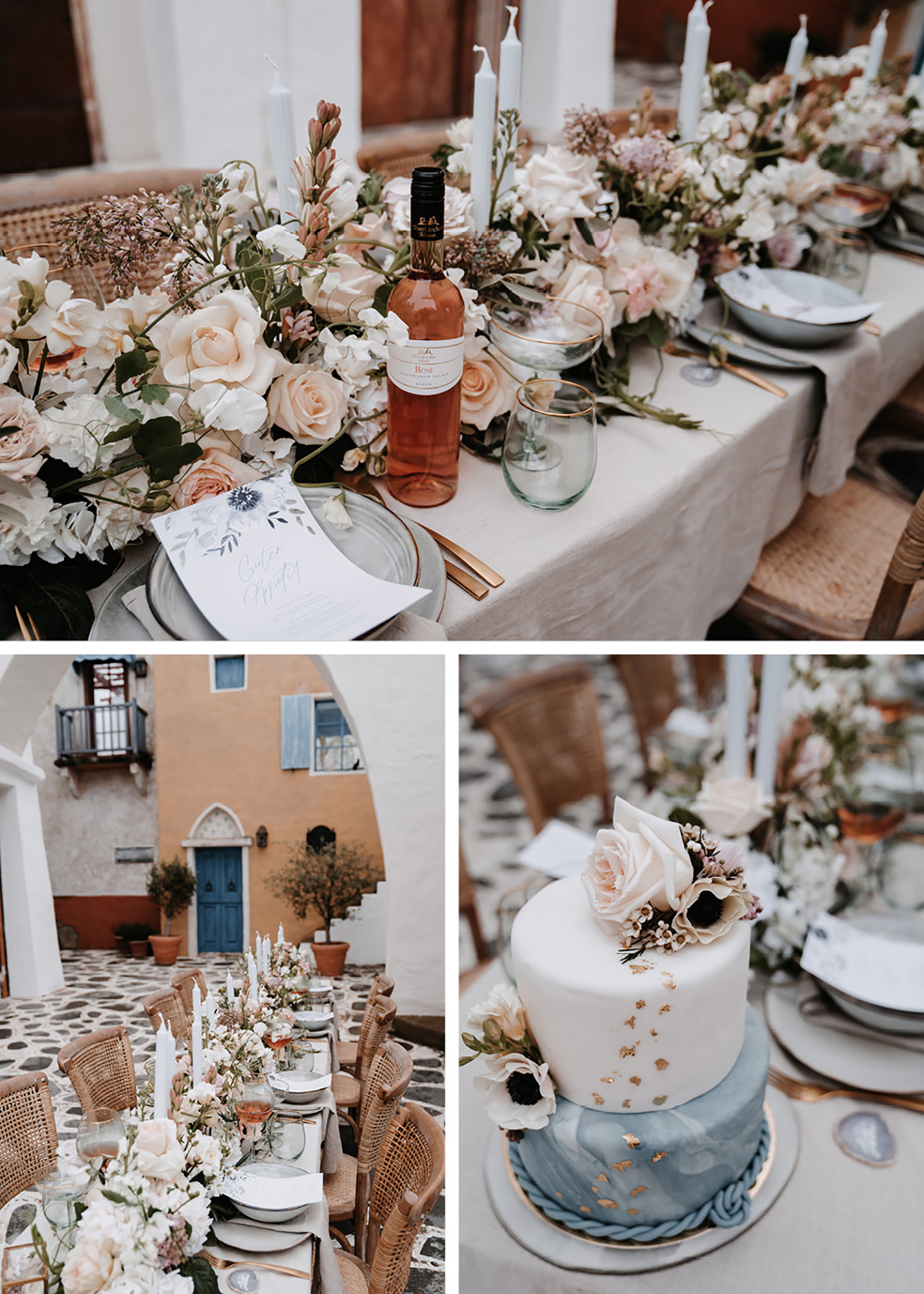 Der gedeckte Hochzeitstisch mit angerichteten Plätzen aus hellblauen Keramiktellern und Besteck in Rosegold wurde mit einem meer aus Blumen verschiedenster Art geschmückt und passt perfekt zur mediterranen Hochzeit.. 