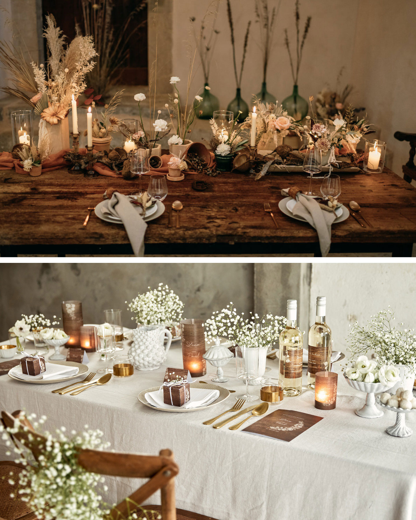 Hochzeitstafel aus Holz ist mit trockenen Blumen und Leinen Servietten dekoriert im rustikalen Vintage Stil.