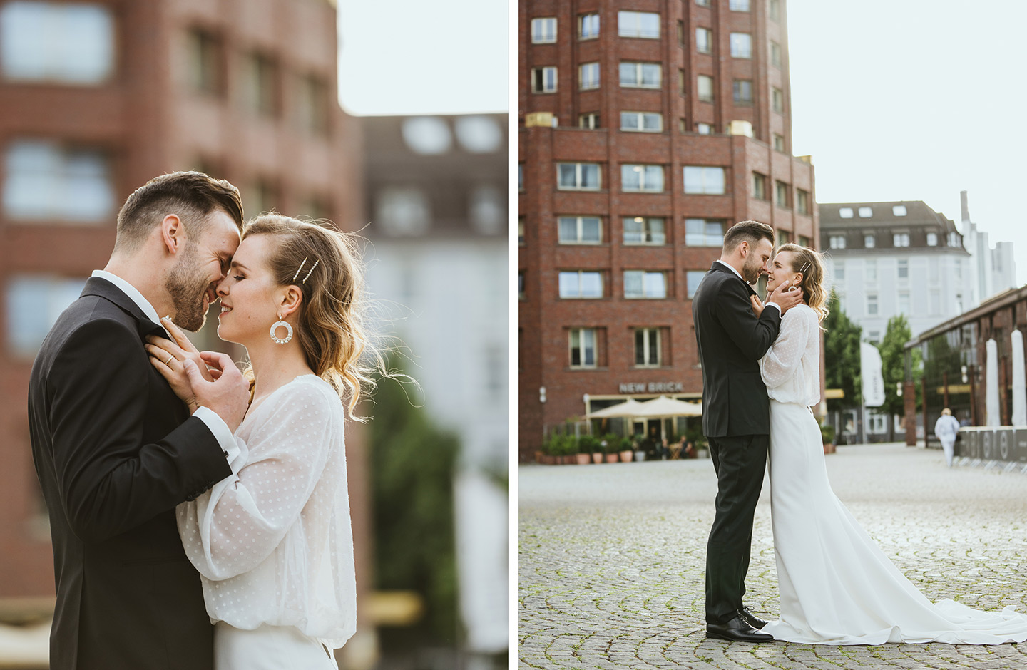 Das Hochzeitspaar vor dem Hotel der Feier