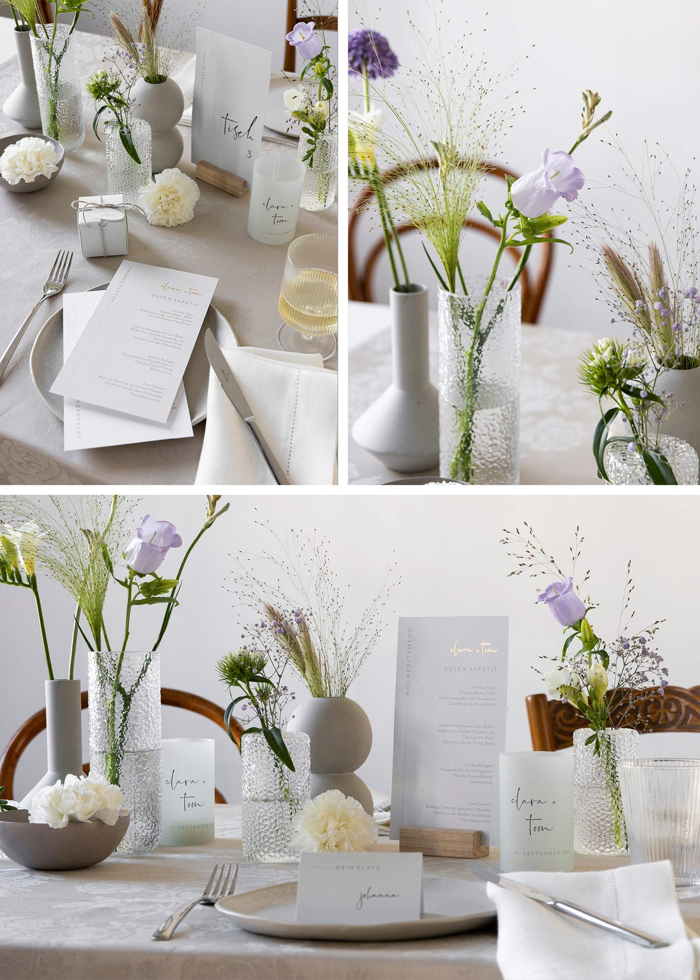  Dekorierter Hochzeitstisch im Greenery Look mit Farbtupfern durch lila Blumen