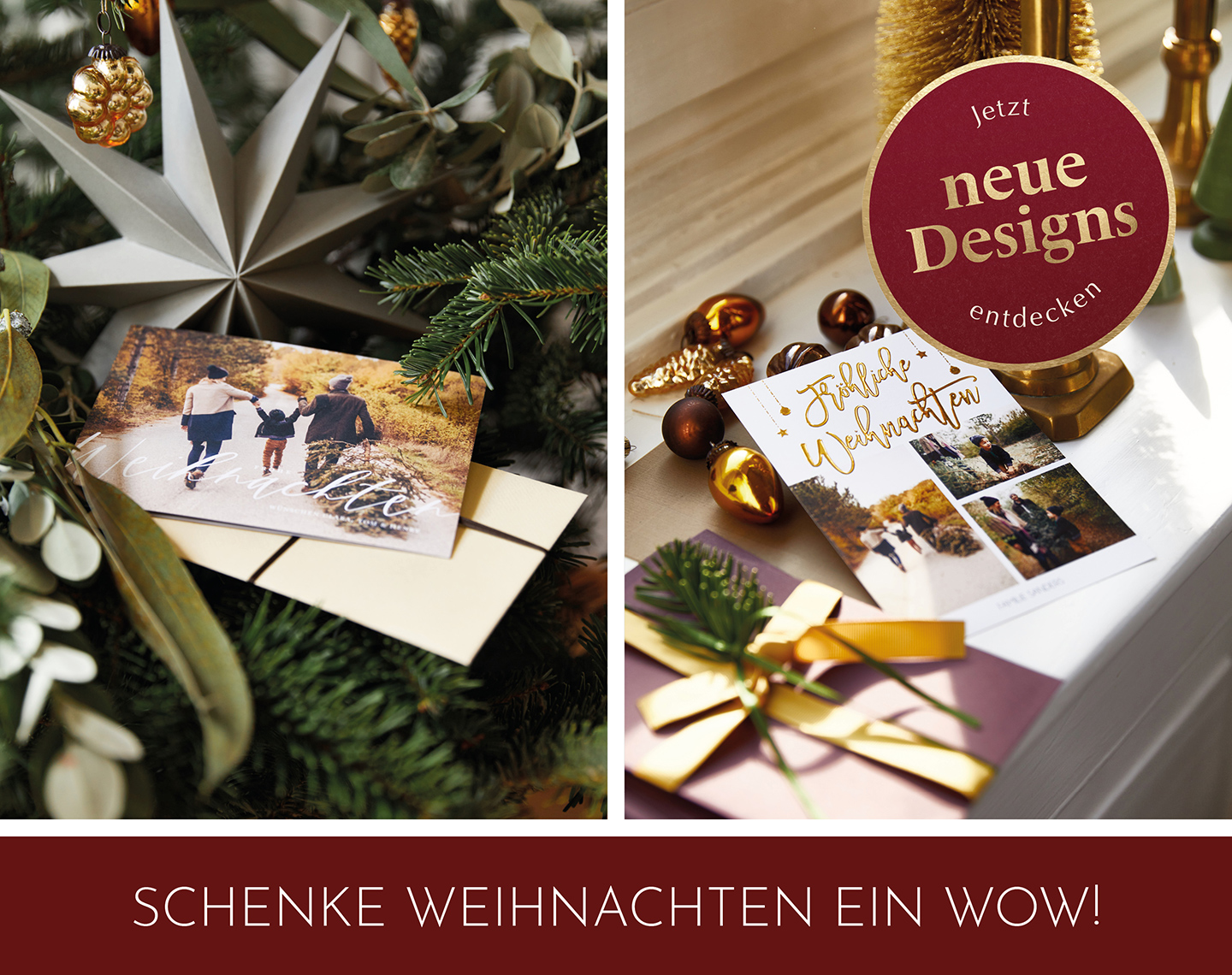 Weihnachtskarten mit viel Platz für Familienfotos, um glückliche Grüße zu verschicken.