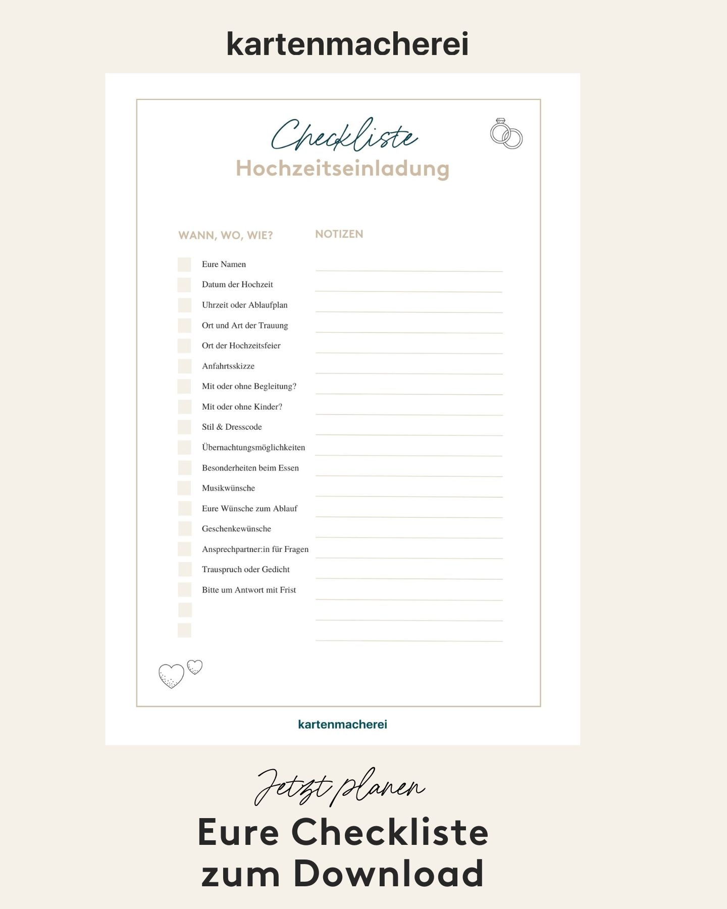 Checkliste für die wichtigsten Informationen in einer Hochzeitseinladung