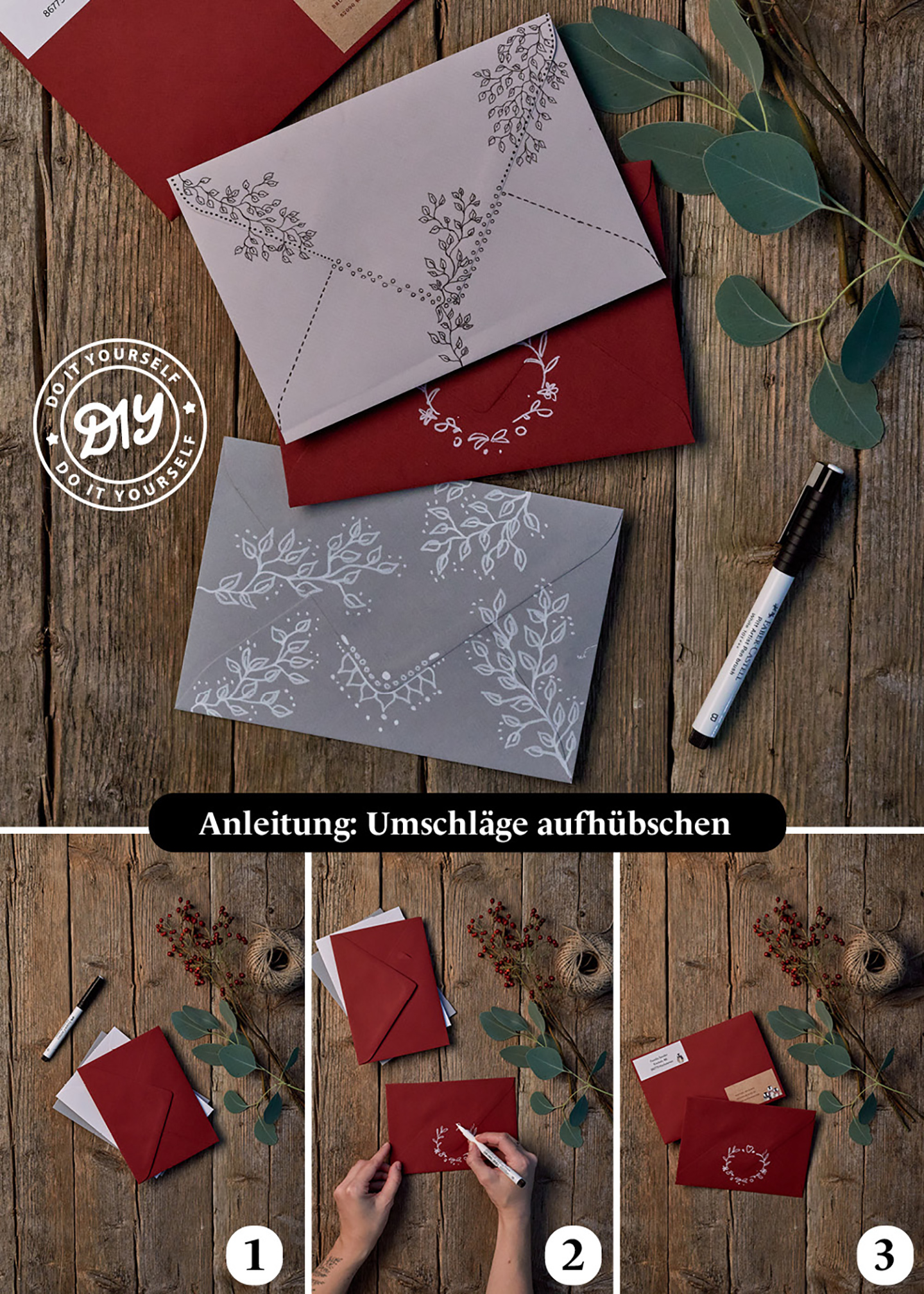 Gestaltung von Umschlägen für Weihnachtskarten oder Gutscheine zum Verschicken einfach erklärt. 