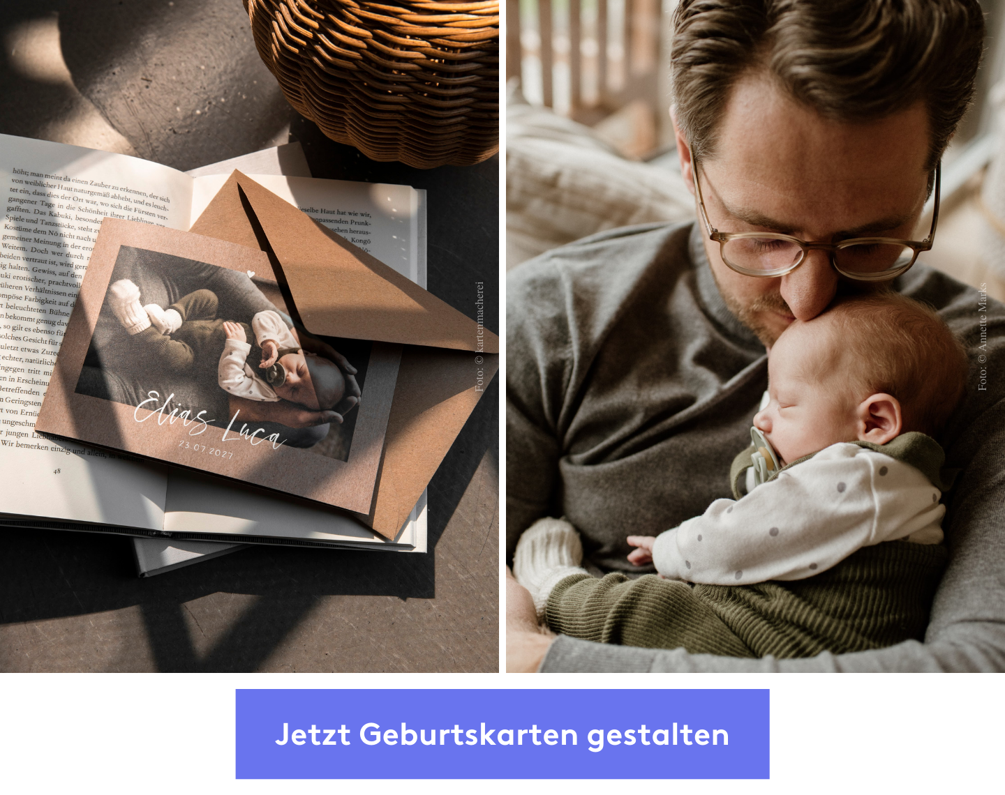 Geburtskarten von der kartenmacherei. Papa hat sein Baby auf dem Arm.