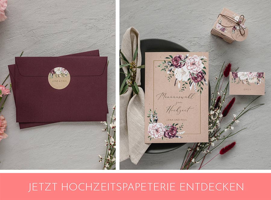 Hochzeitspapeterie in dunklen Farben passend zur Herbsthochzeit: Menükarte, Umschlag, Namenskarte