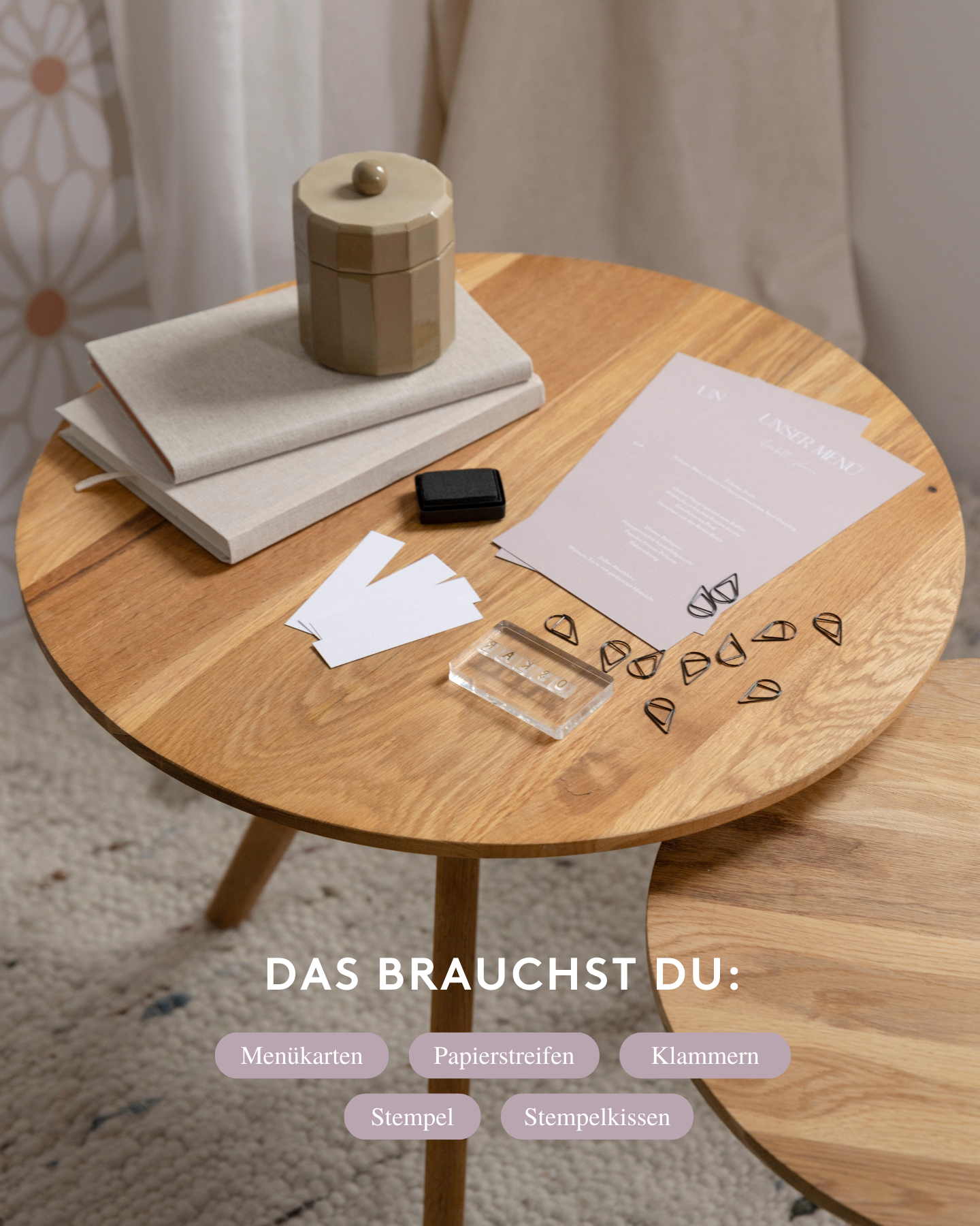 Menükarte mit DIY Namensschild. Alle Materialien im Überblick.