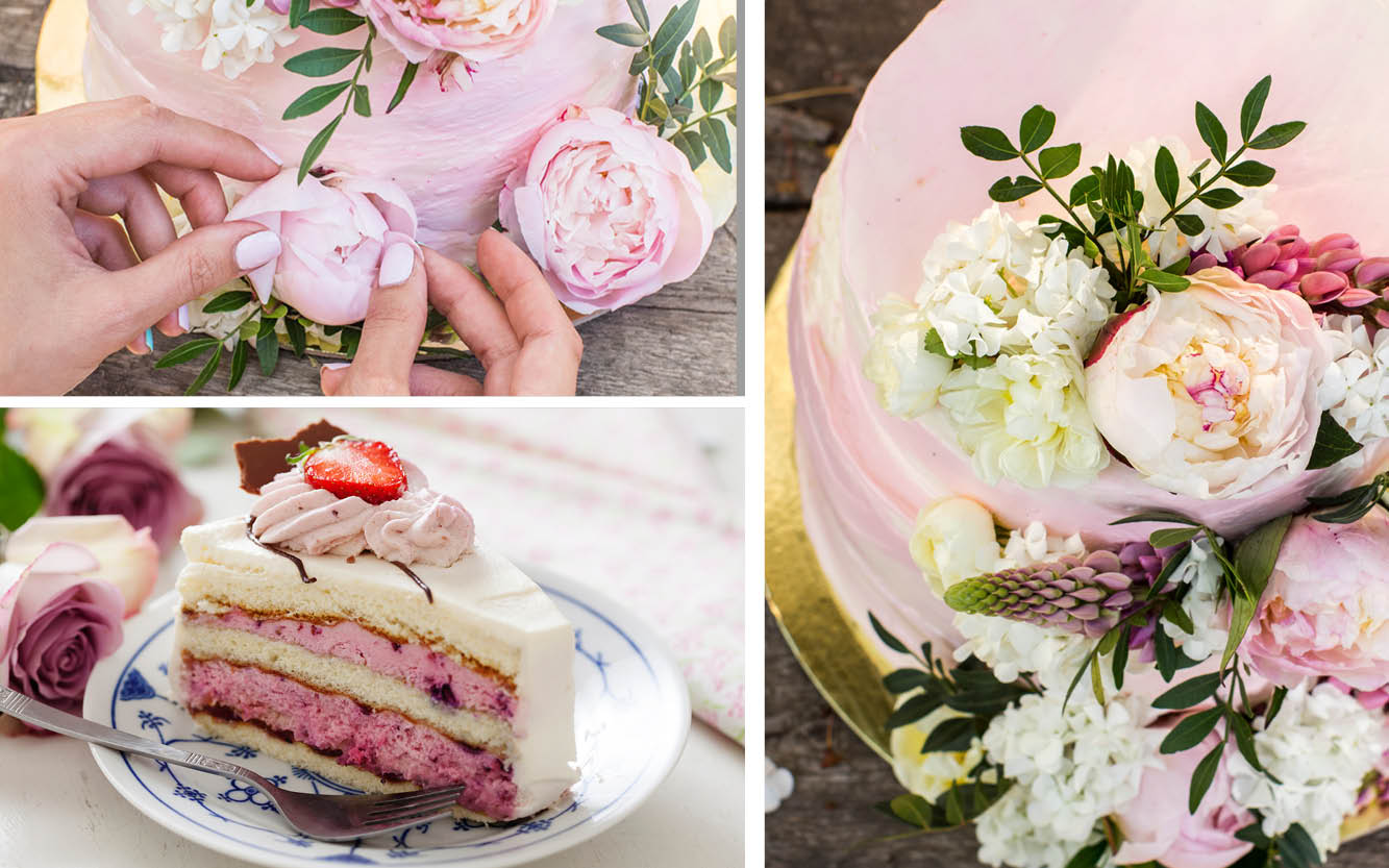 Hochzeitstorte mit Erdbeer Sahne und dekoriert mit sommerlichen Blumen und Pfingstrosen