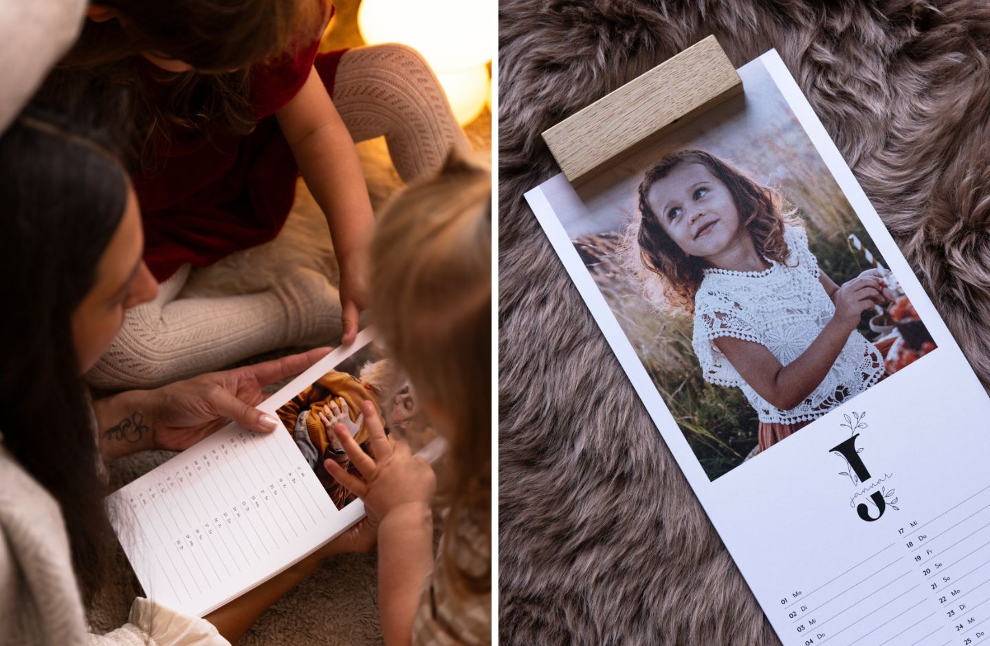 Fotokalender liegt auf einem Teppich. Fotokalender wird von einer Famile angesehen.