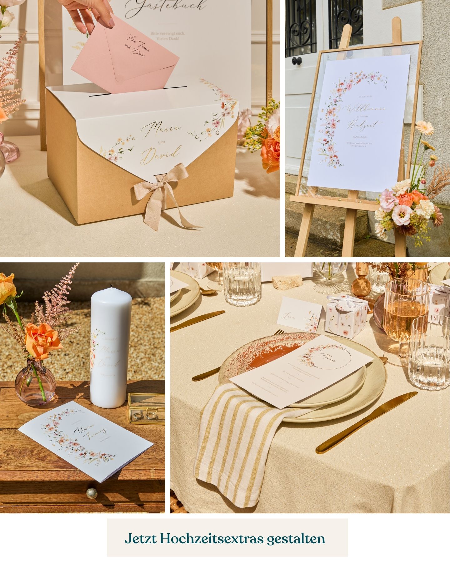 Geschmückte Hochzeitstafel mit dekorativer Hochzeitspapeterie