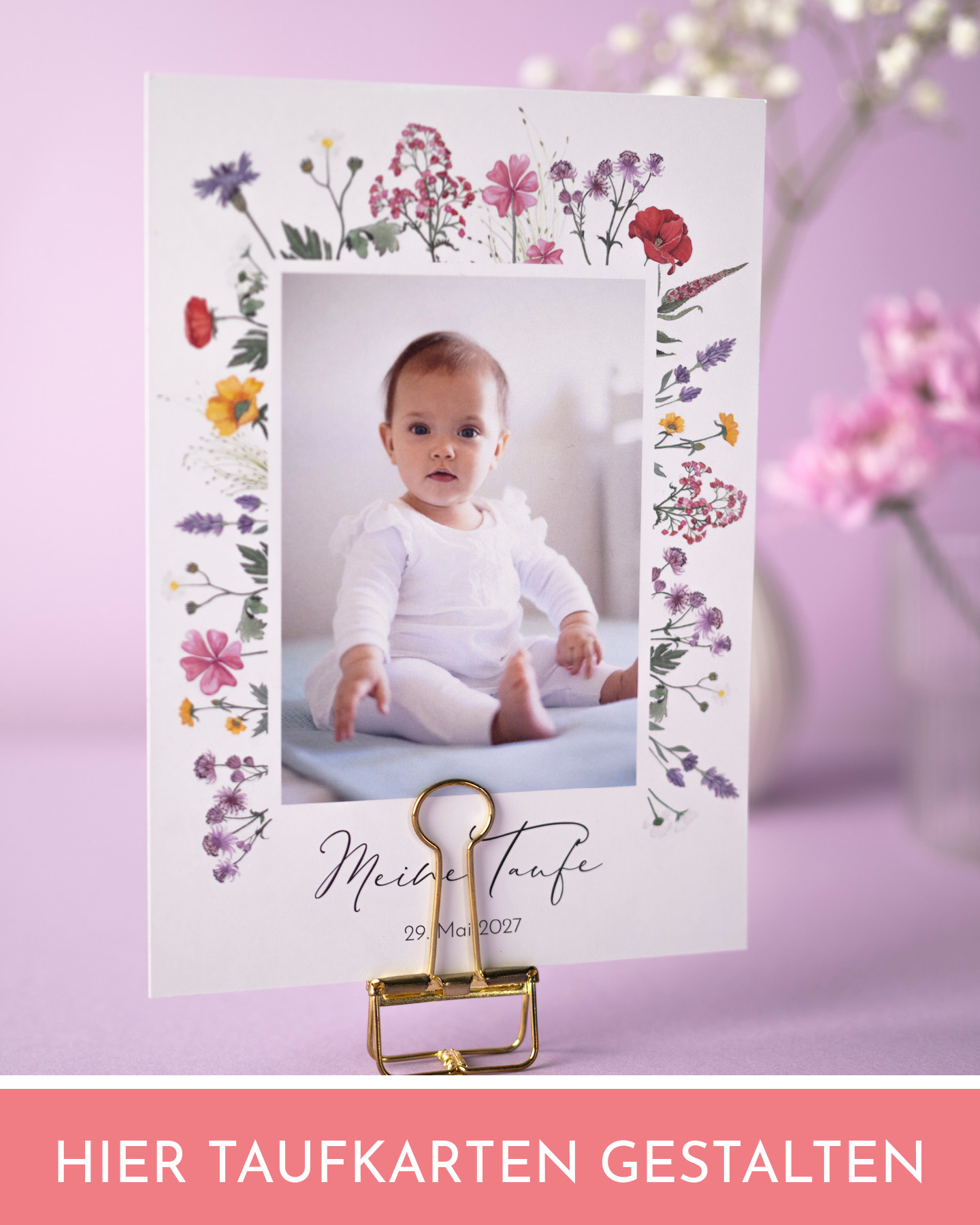 Schöne Einladungskarte für Frühlingstaufe mit Babyfoto