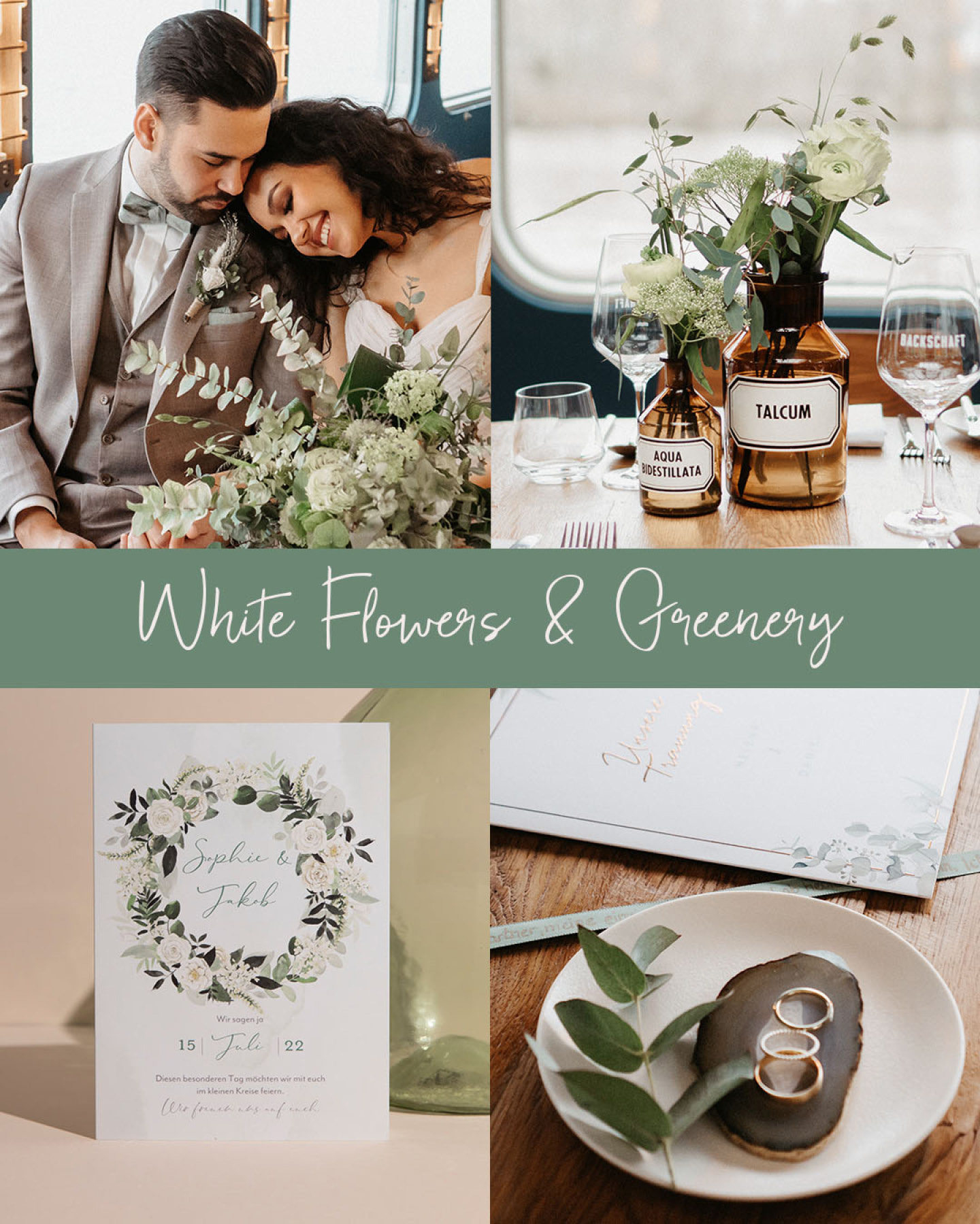 Collage aus 4 Bildern im Greenery Look, zeigt wie man seine Hochzeit mit Eukalyptus rund um dekoriert.