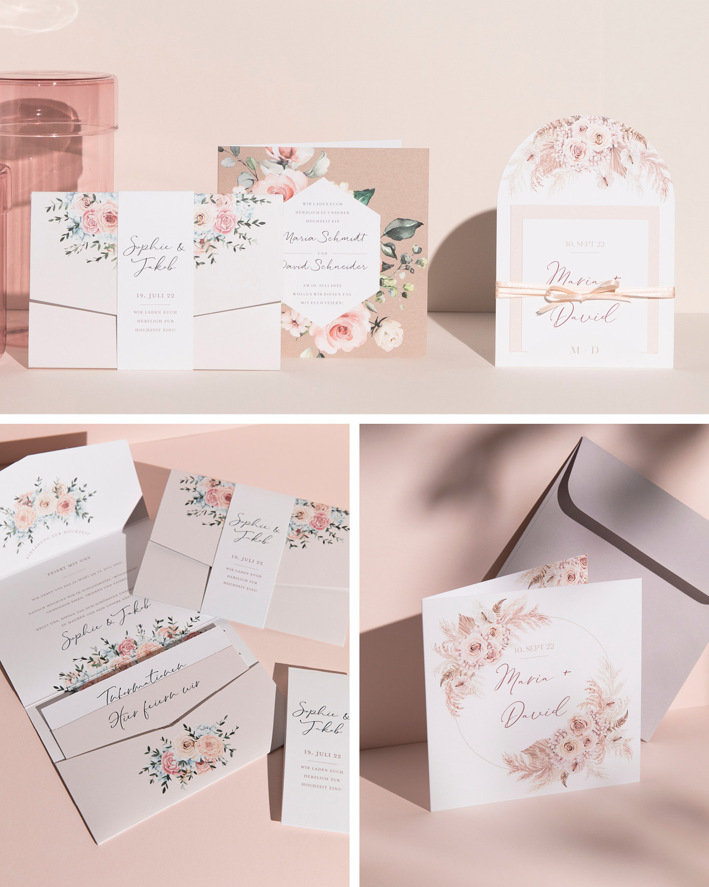 Verschiedene Hochzeitseinladungen mit hellen Blüten-Illustrationen.