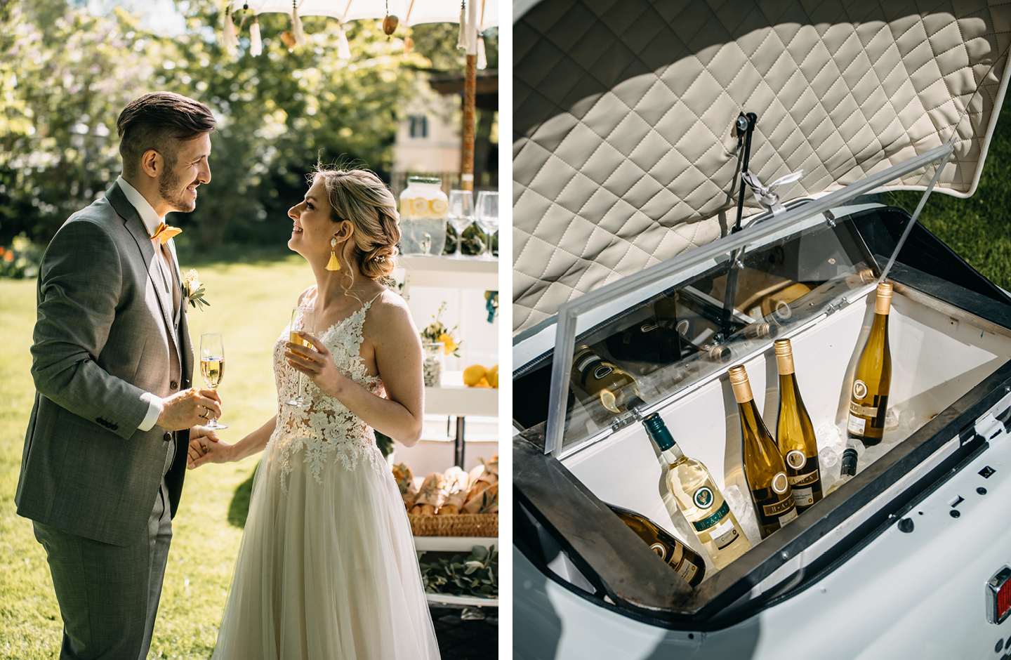 Hochzeitspaar stößt mit Sekt an auf ihren Hochzeitstag im Weingut.