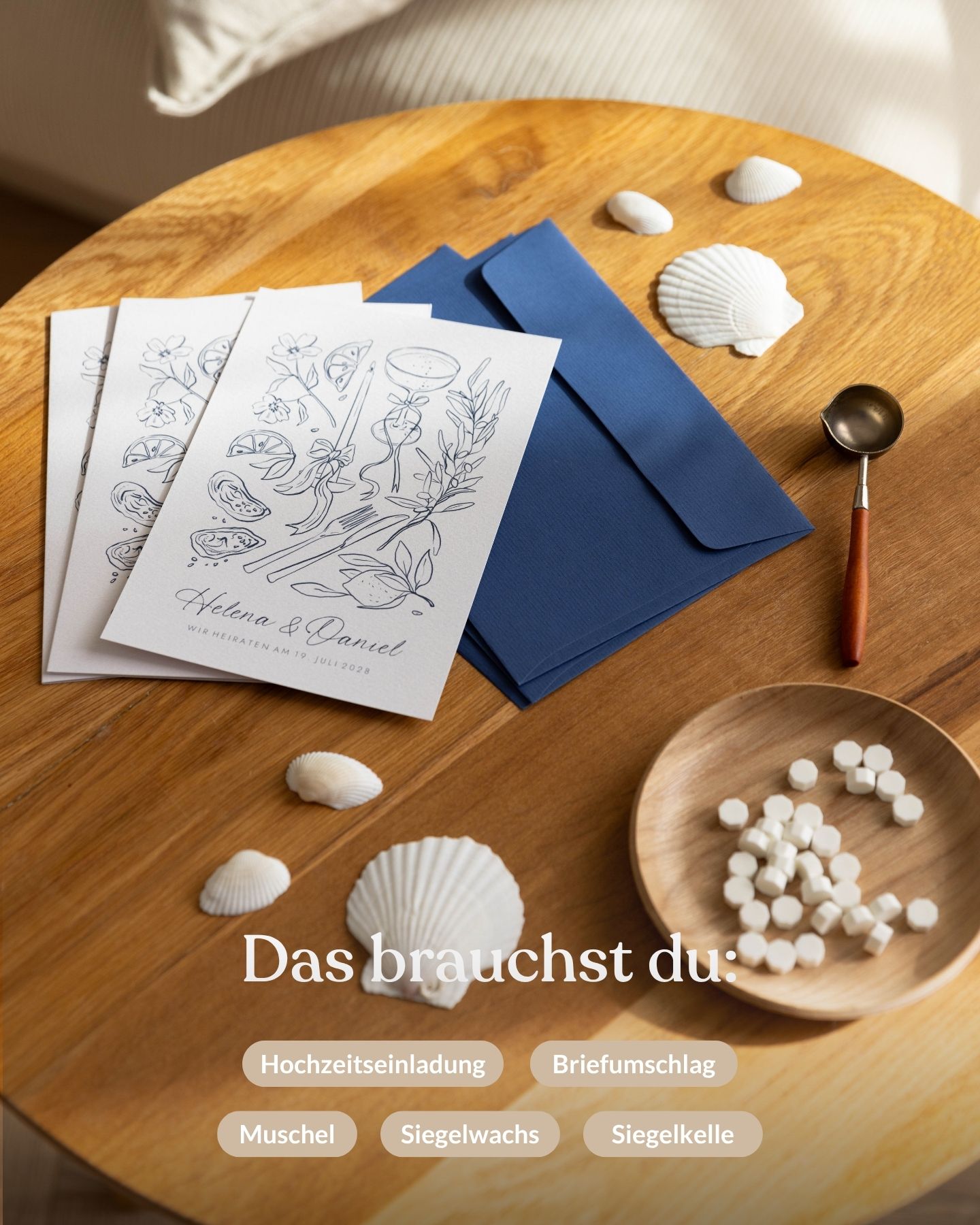 Materialien für DIY-Siegel mit Muschelmuster