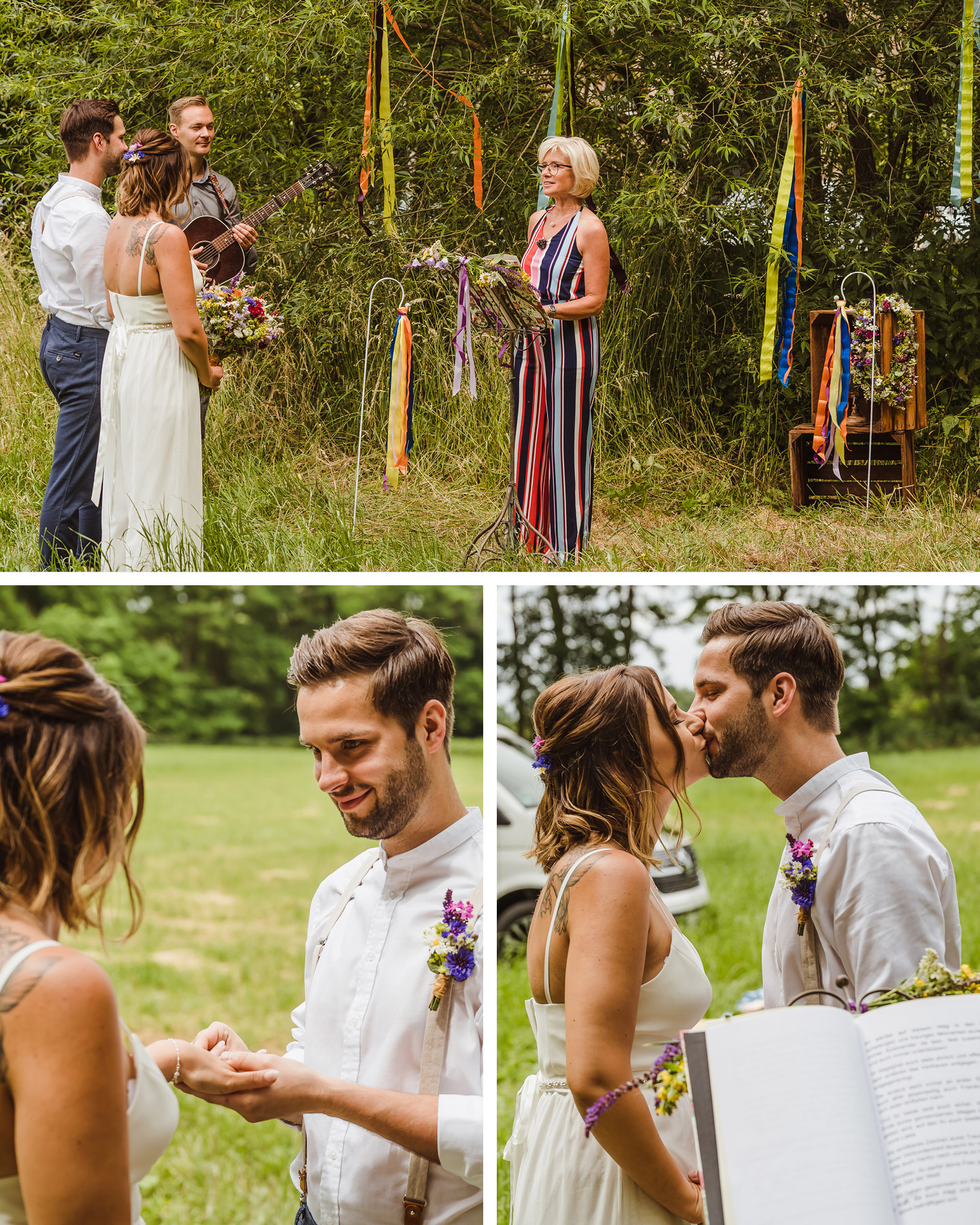 Hochzeitspaar und Traurednerin stehen auf einer Wiese für ein freies Trauungsritual.