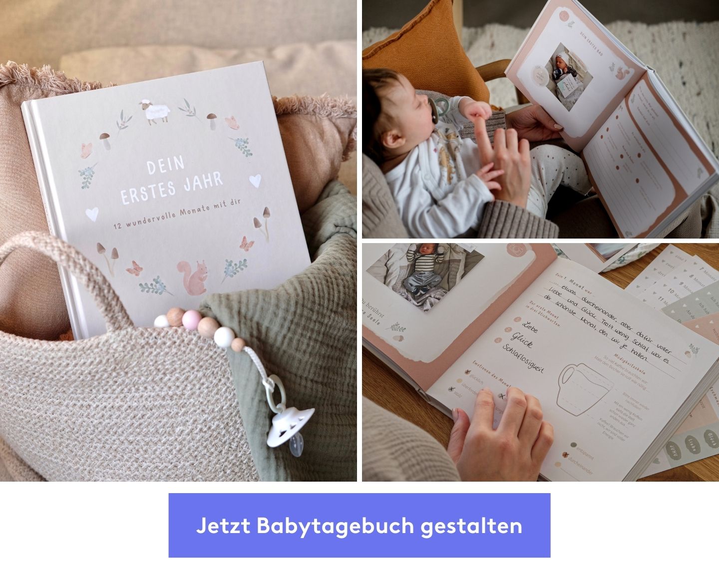 Collage mit Fotos eines Babytagebuchs