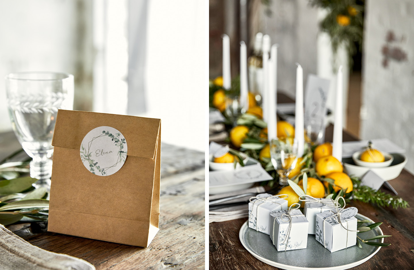 Collage von zwei Bildern mit schön dekotierten Gastgeschenken zur Hochzeit